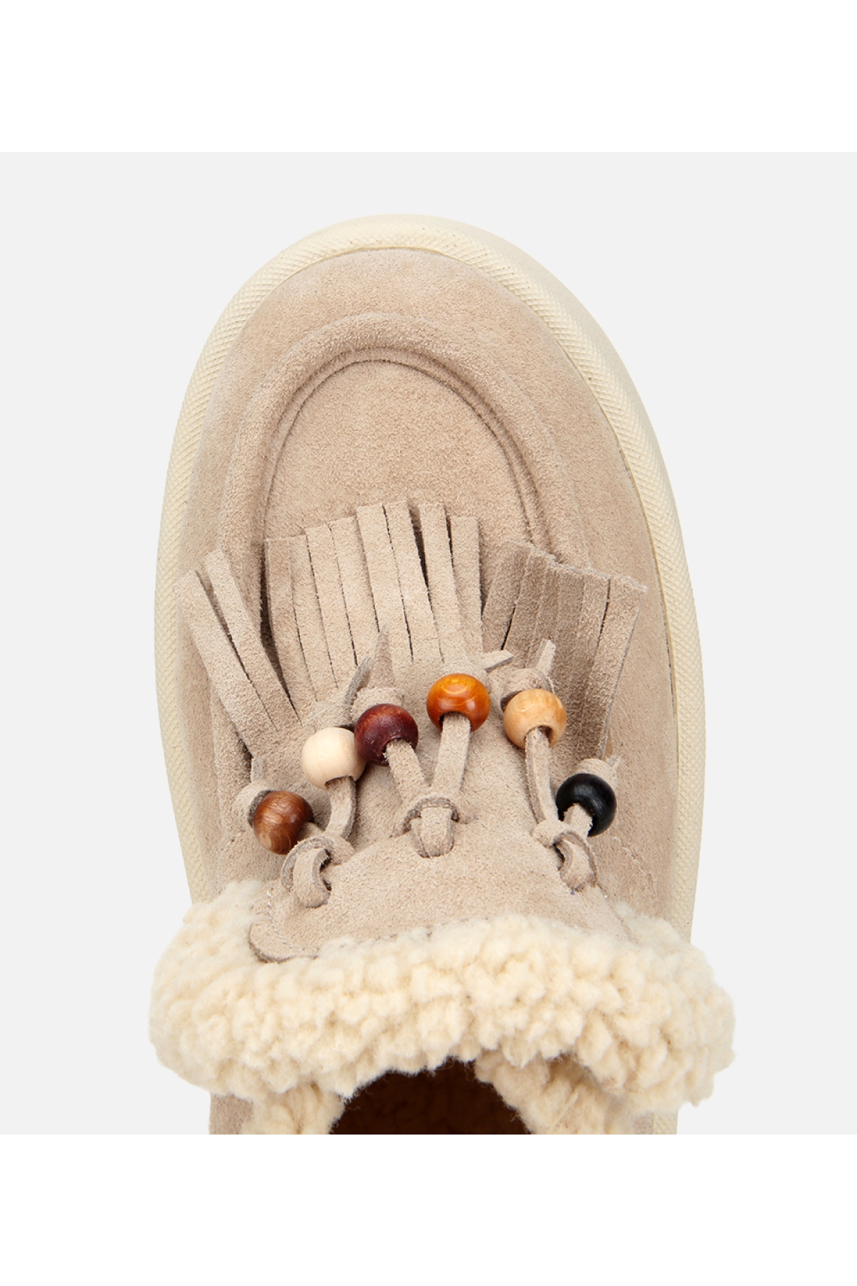 Kadın Süet Deri Bej İçi Kürklü Saçaklı Püskül Detaylı Düz Bot - Görsel 7