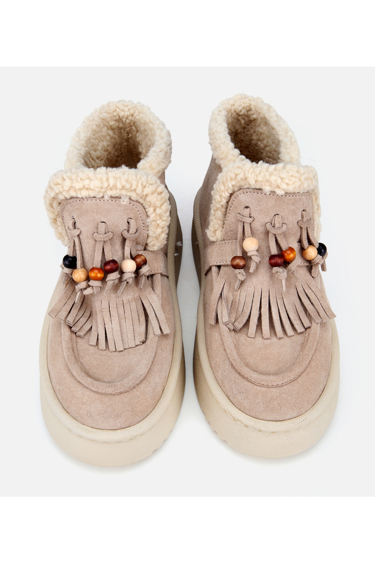 Kadın Süet Deri Bej İçi Kürklü Saçaklı Püskül Detaylı Düz Bot - Görsel 8