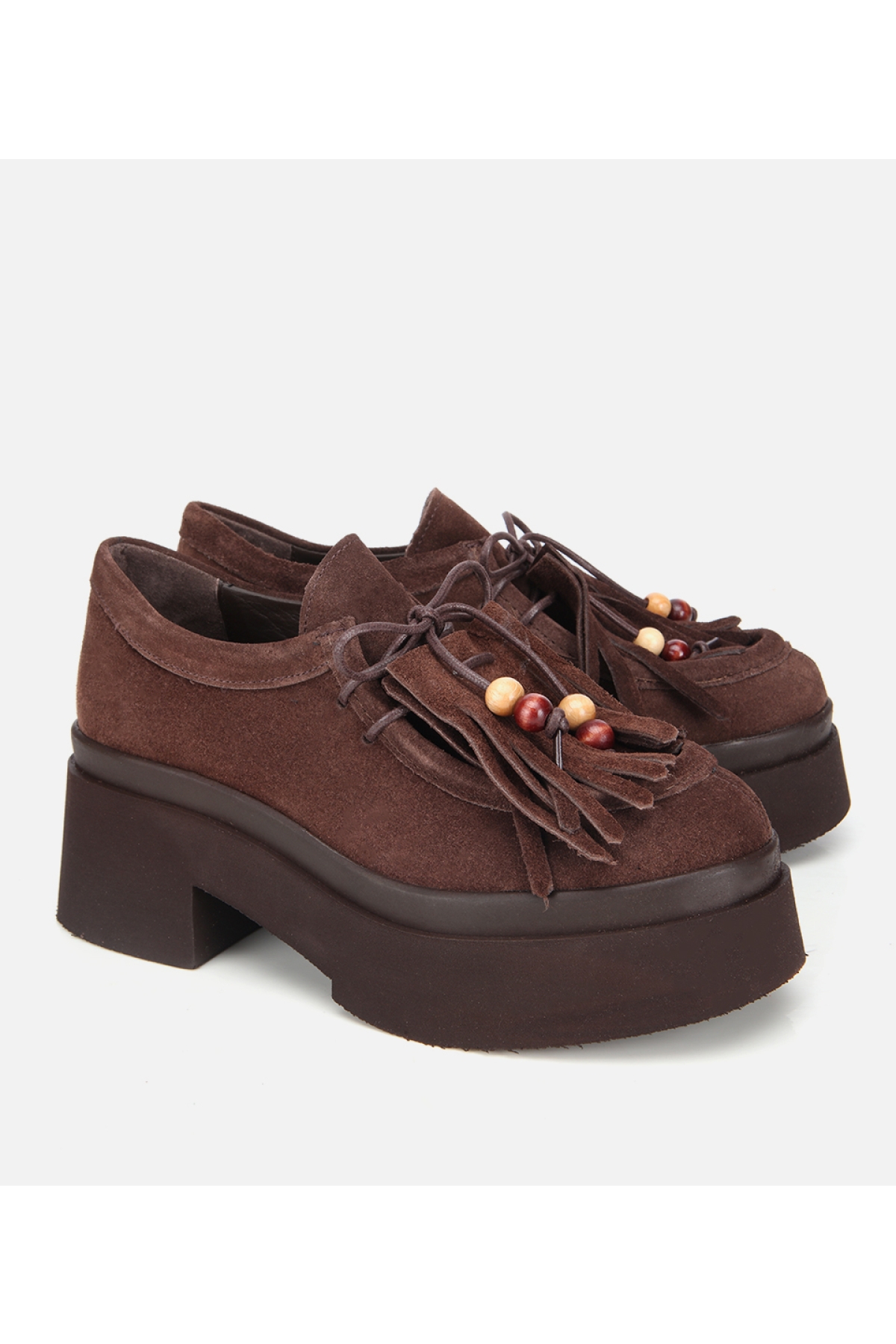 Kadın Süet Deri Kahverengi Püskül Detaylı Kalın Tabanlı Günlük Loafer - Görsel 3