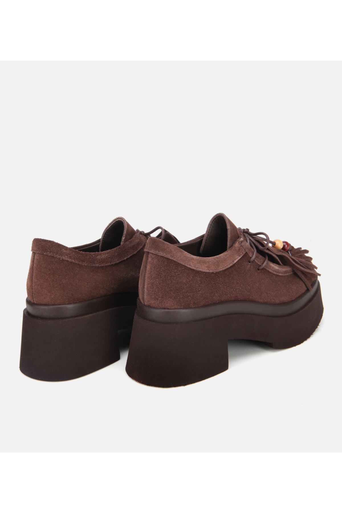 Kadın Süet Deri Kahverengi Püskül Detaylı Kalın Tabanlı Günlük Loafer - Görsel 5
