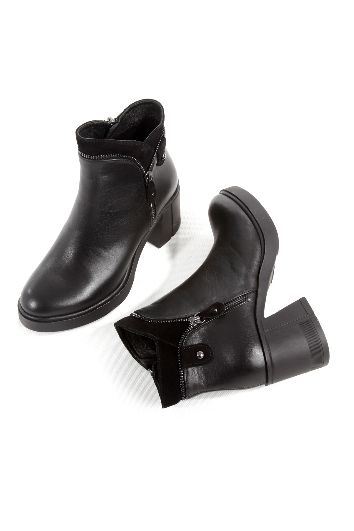 Hakiki Deri Kalın Topuklu Fermuarlı Siyah Kadın Bot Sayano - Görsel 3