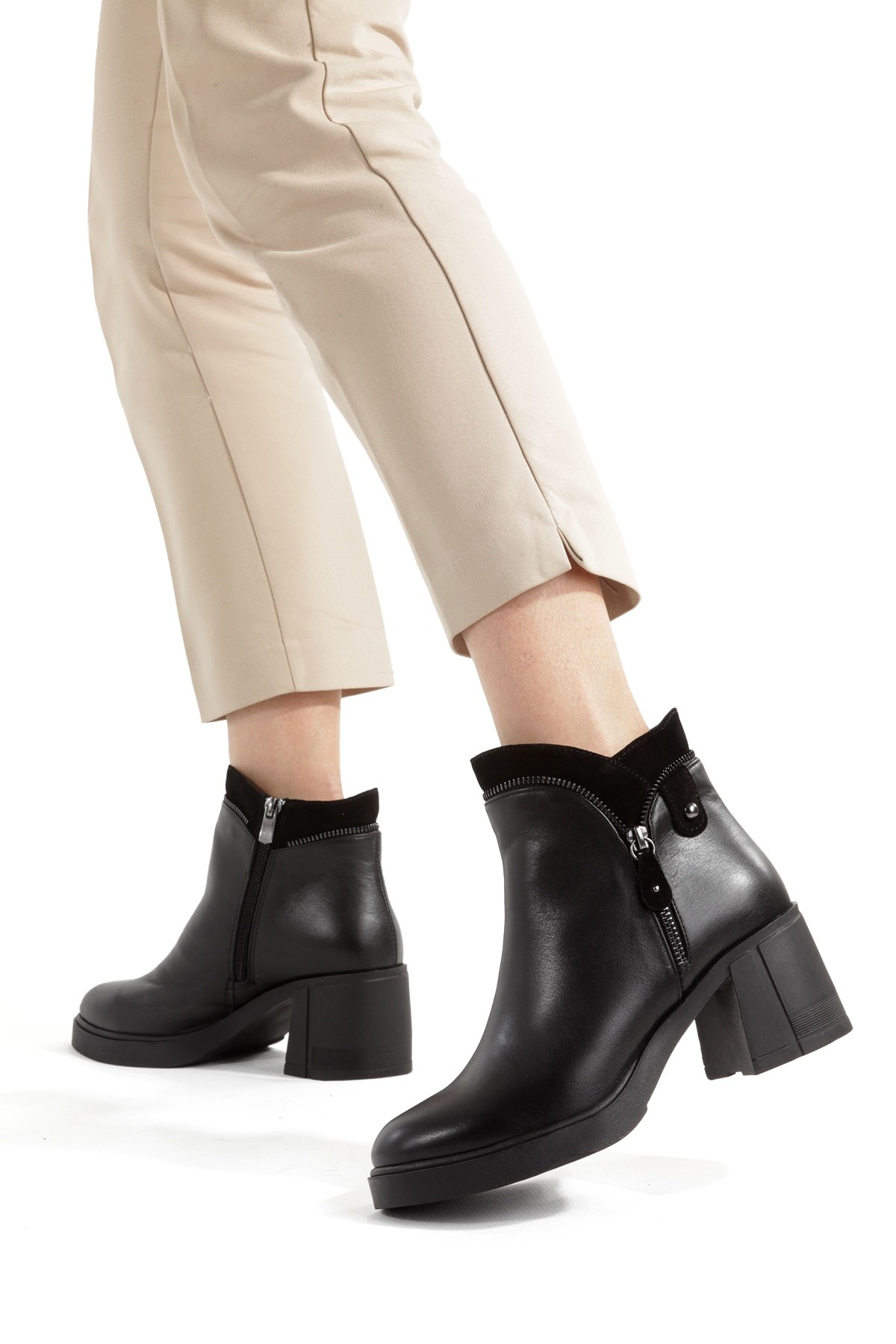 Hakiki Deri Kalın Topuklu Fermuarlı Siyah Kadın Bot Sayano - Görsel 5