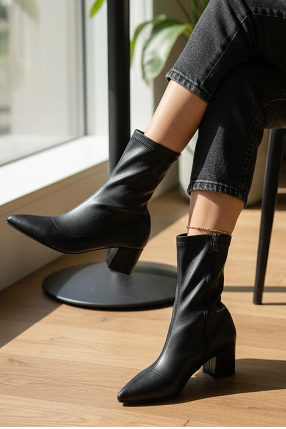 475 Günlük Fermuarlı 6cm Kadın Topuklu Bot Ayakkabı Kalın Topuk Klasik Topuklu Bot - Görsel 2