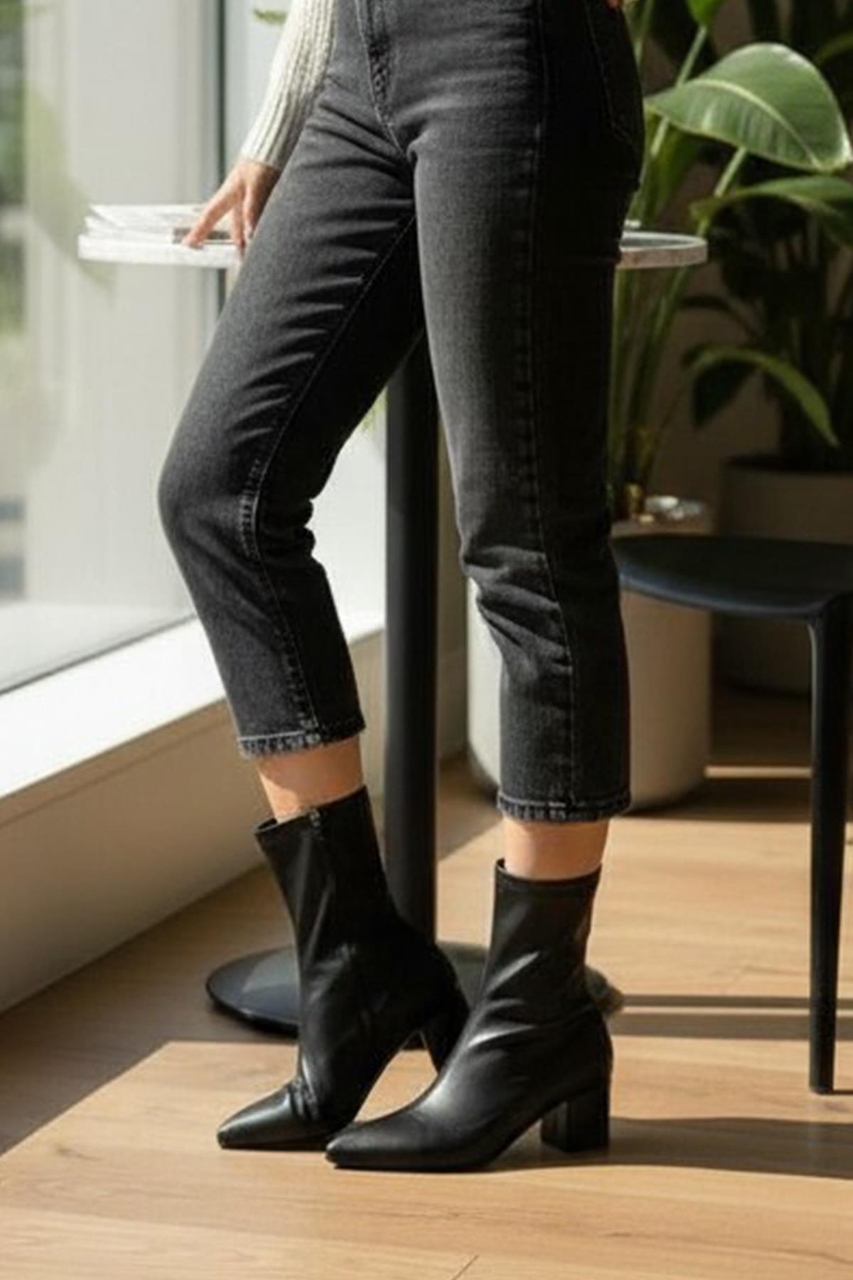 475 Günlük Fermuarlı 6cm Kadın Topuklu Bot Ayakkabı Kalın Topuk Klasik Topuklu Bot - Görsel 3