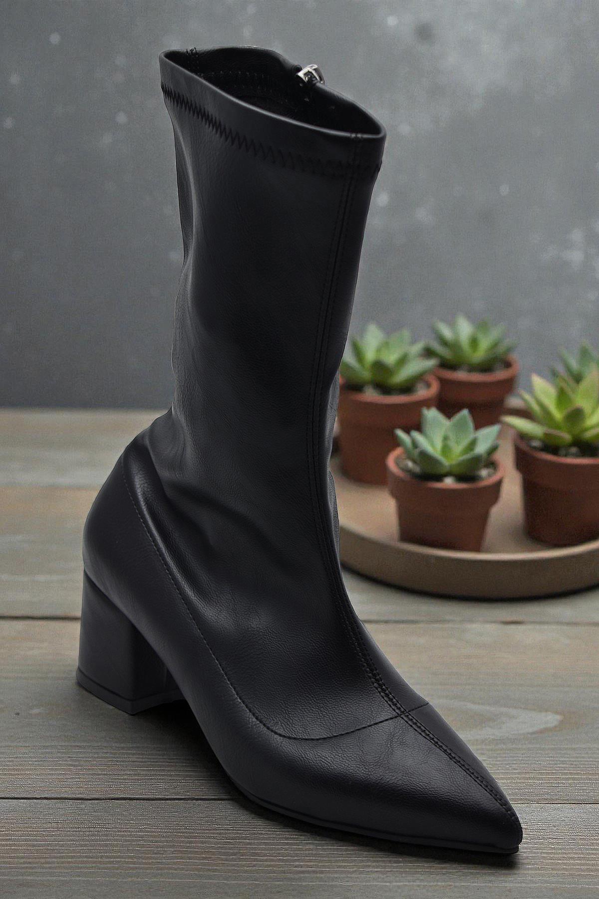 475 Günlük Fermuarlı 6cm Kadın Topuklu Bot Ayakkabı Kalın Topuk Klasik Topuklu Bot - Görsel 4
