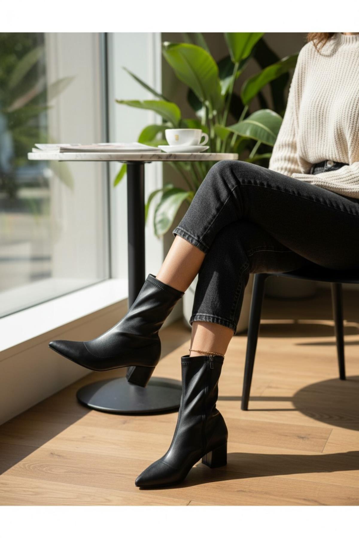 475 Günlük Fermuarlı 6cm Kadın Topuklu Bot Ayakkabı Kalın Topuk Klasik Topuklu Bot - Görsel 9