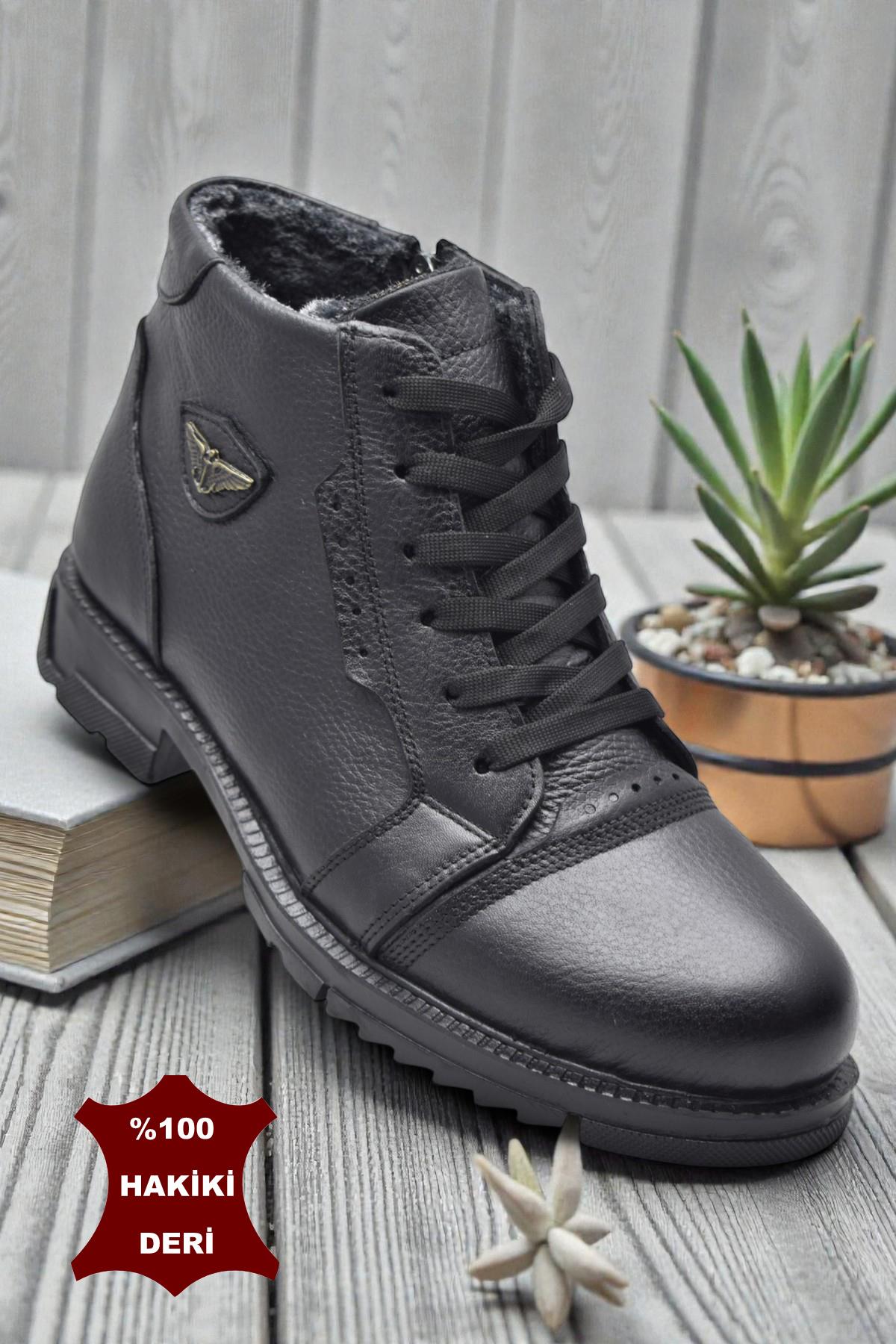 5599 İçi Kürklü Hakiki Deri Erkek Bot Ayakkabı Ortopedik Taban Fermuarlı Deri Erkek Bot - Görsel 2