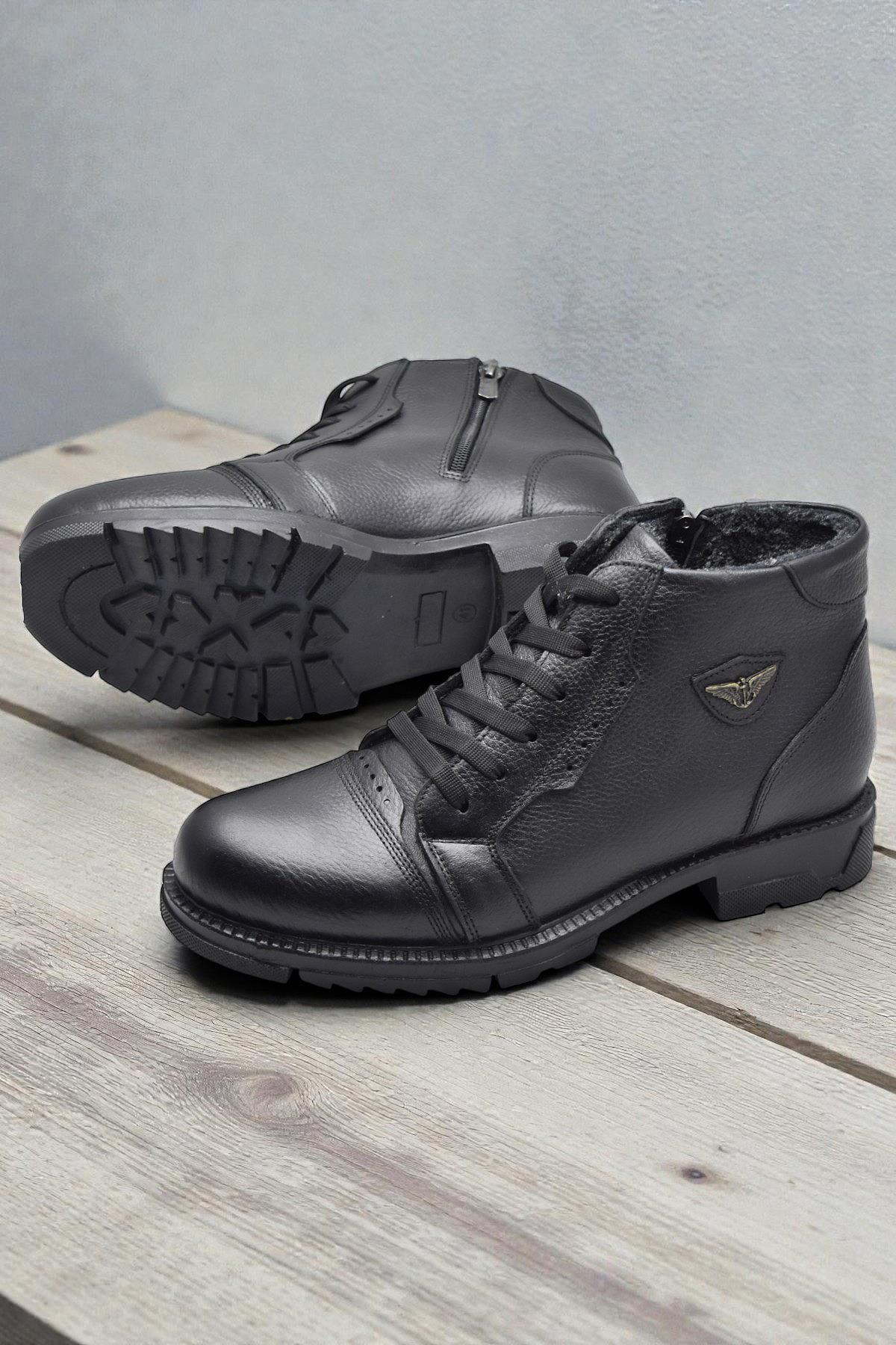 5599 İçi Kürklü Hakiki Deri Erkek Bot Ayakkabı Ortopedik Taban Fermuarlı Deri Erkek Bot - Görsel 5