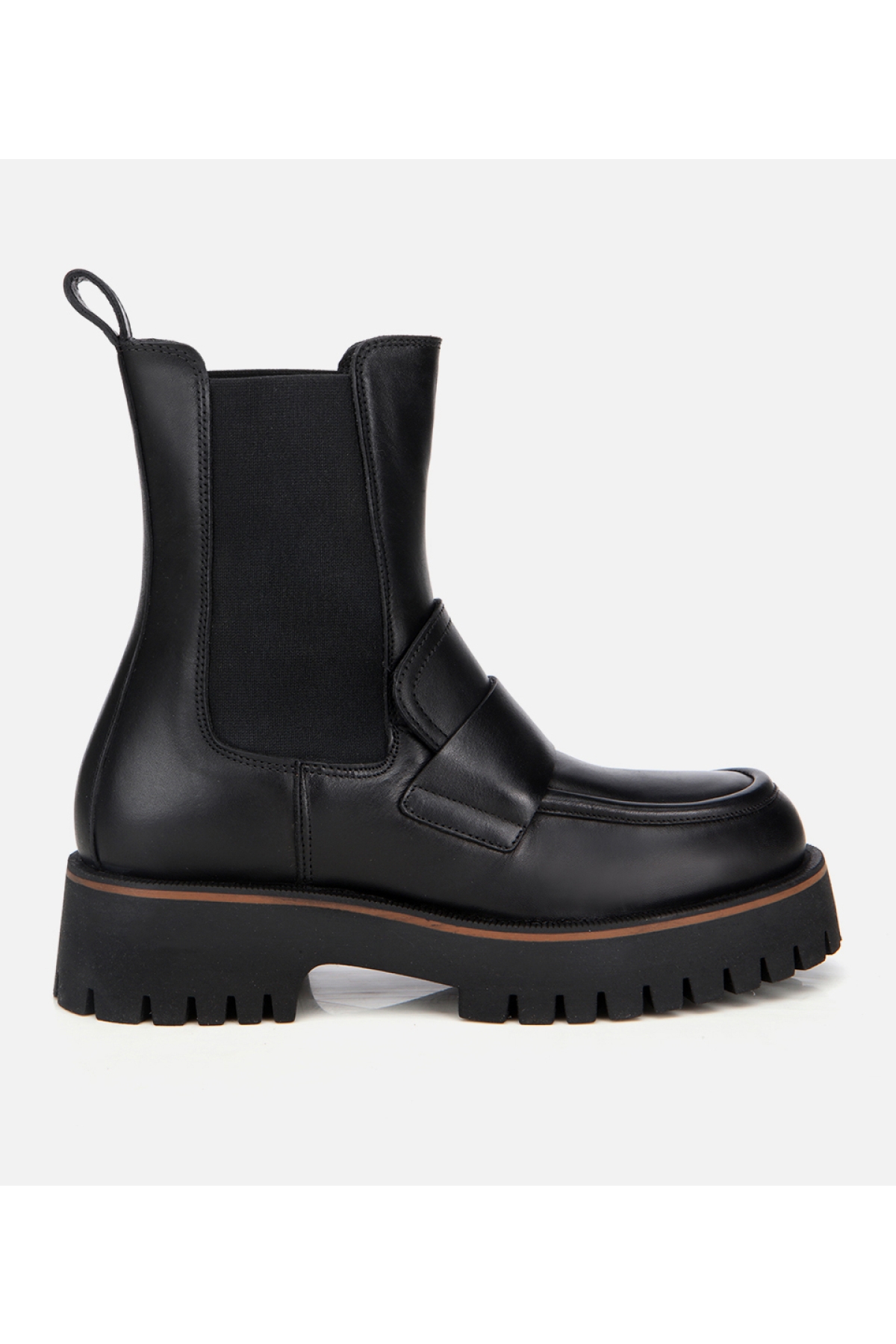 Kadın Deri Siyah Lastik Detaylı Bantlı Düz Bot - Görsel 2