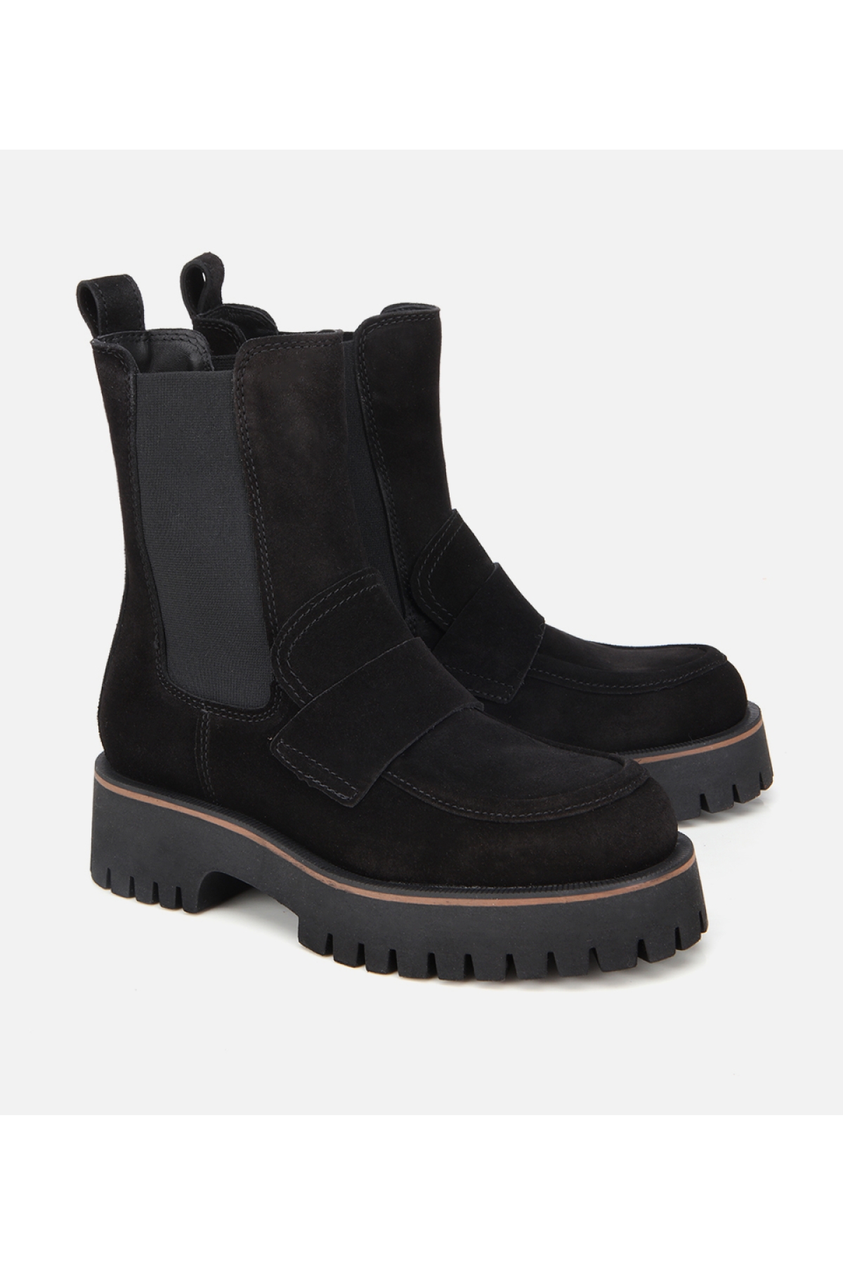Kadın Süet Deri Siyah Lastik Detaylı Bantlı Düz Bot - Görsel 3