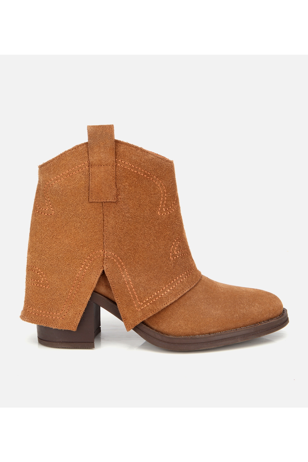 Kadın Süet Deri Taba Dikiş Detaylı Kovboy /Western Topuklu Bot - Görsel 2