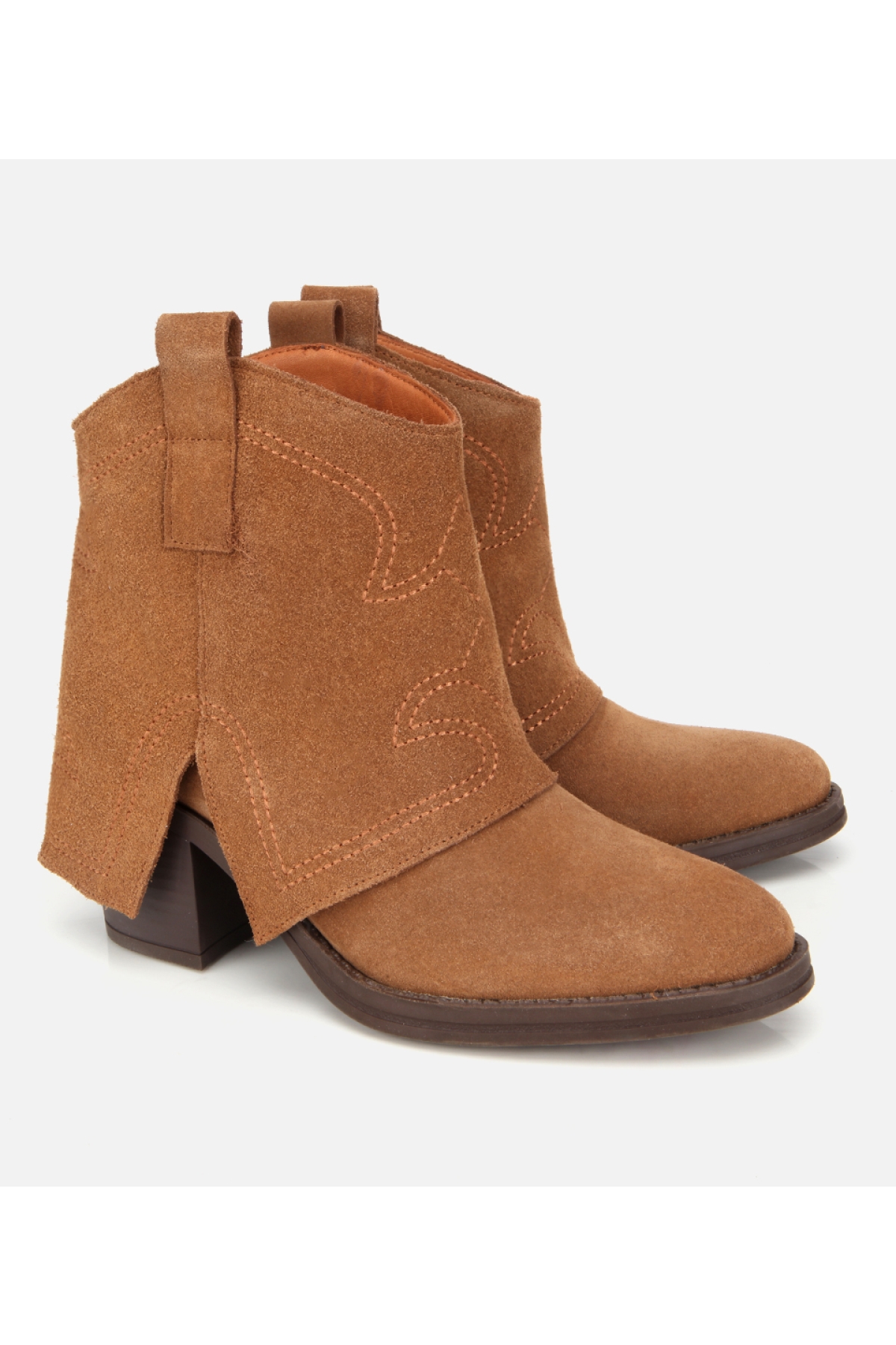 Kadın Süet Deri Taba Dikiş Detaylı Kovboy /Western Topuklu Bot - Görsel 3