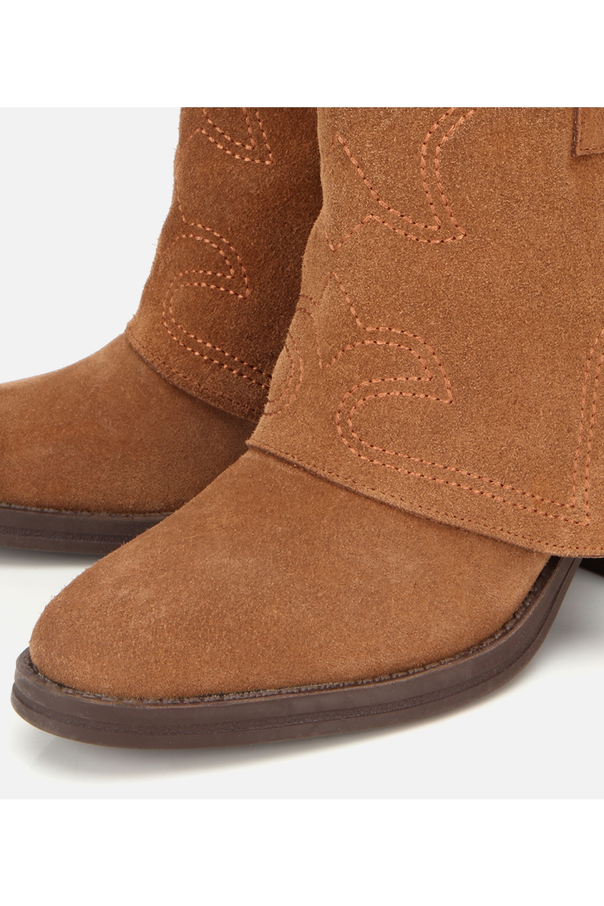 Kadın Süet Deri Taba Dikiş Detaylı Kovboy /Western Topuklu Bot - Görsel 4