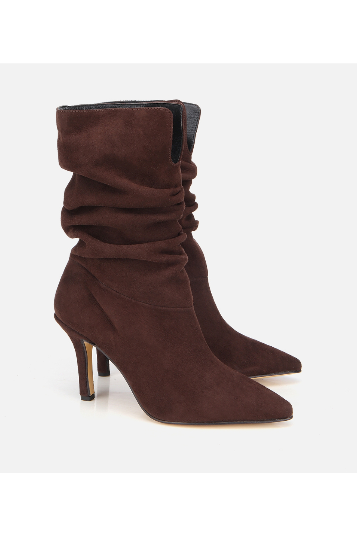 Kadın Süet Deri Kahverengi Büzgülü Sivri Burunlu İnce Topuklu Bot - Görsel 3