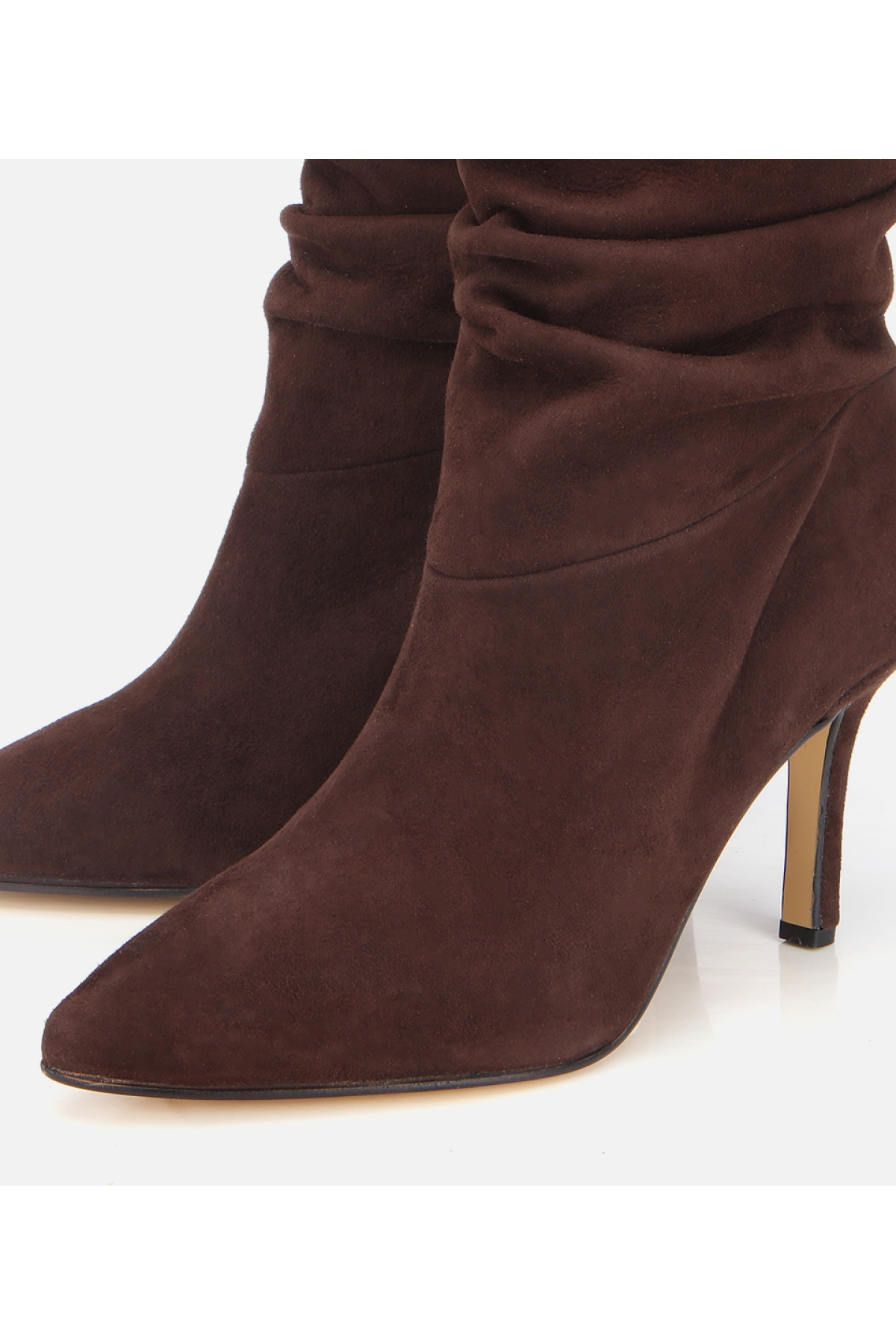 Kadın Süet Deri Kahverengi Büzgülü Sivri Burunlu İnce Topuklu Bot - Görsel 4