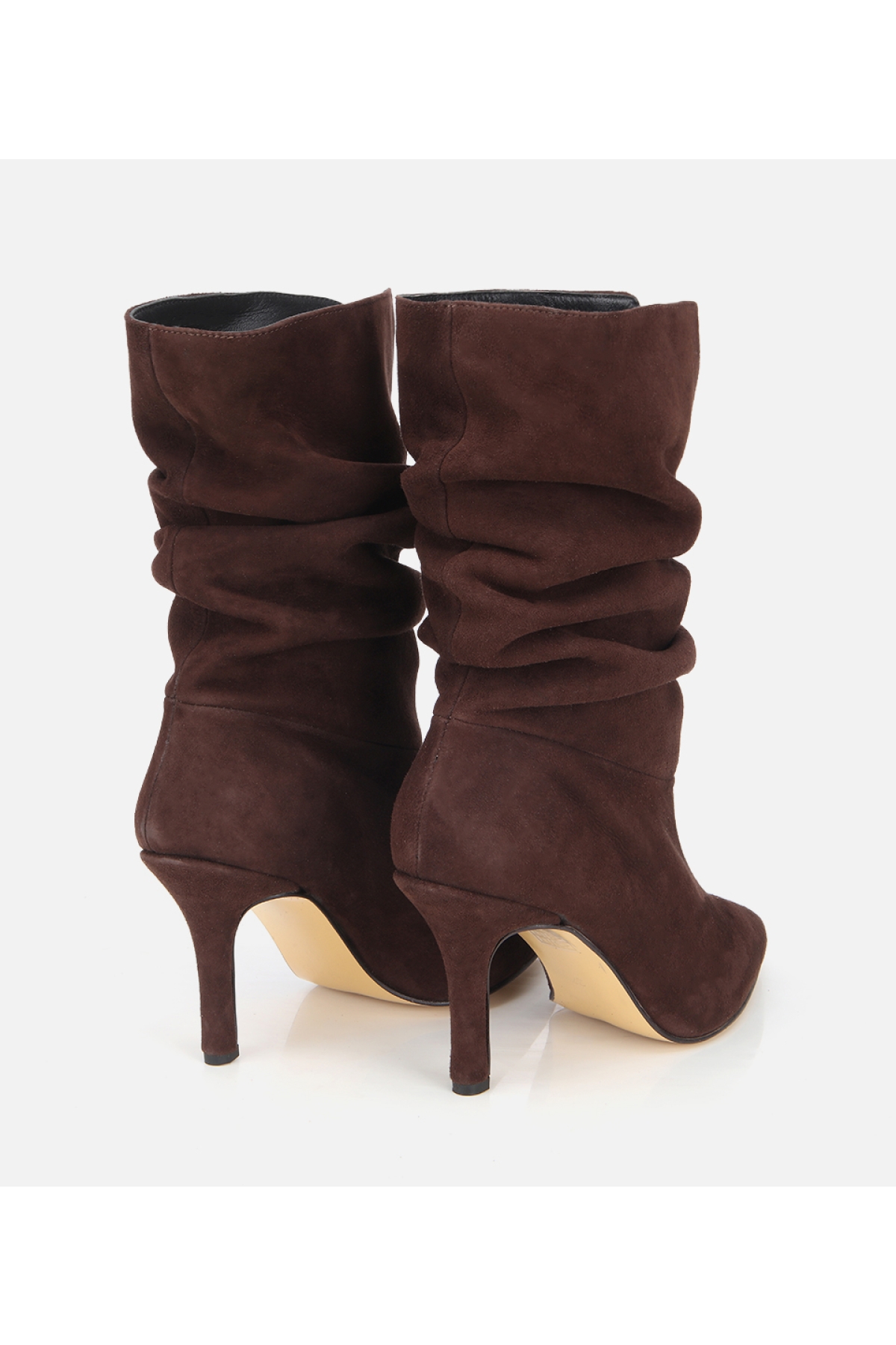 Kadın Süet Deri Kahverengi Büzgülü Sivri Burunlu İnce Topuklu Bot - Görsel 5
