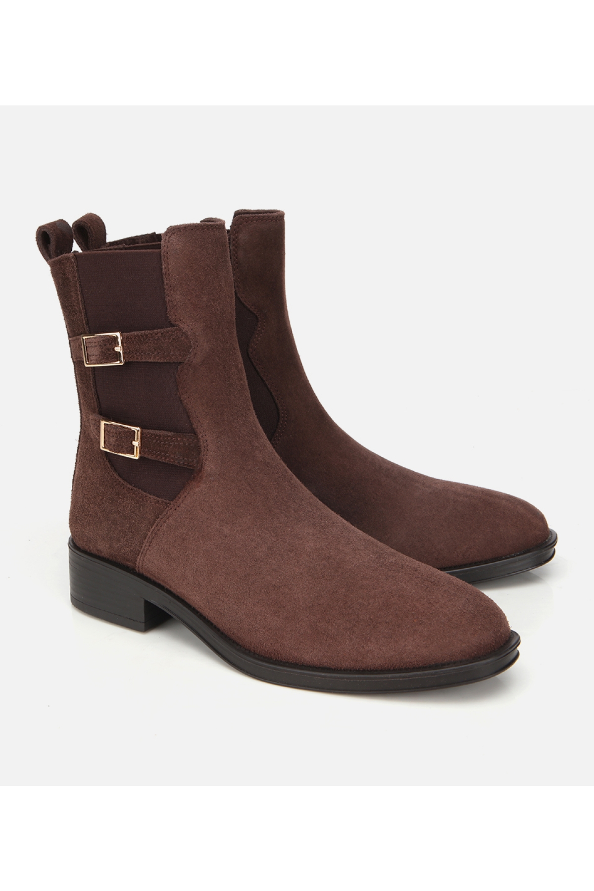 Kadın Süet Deri Kahverengi Lastik Detaylı Kemerli Bilekte Düz Bot - Görsel 3
