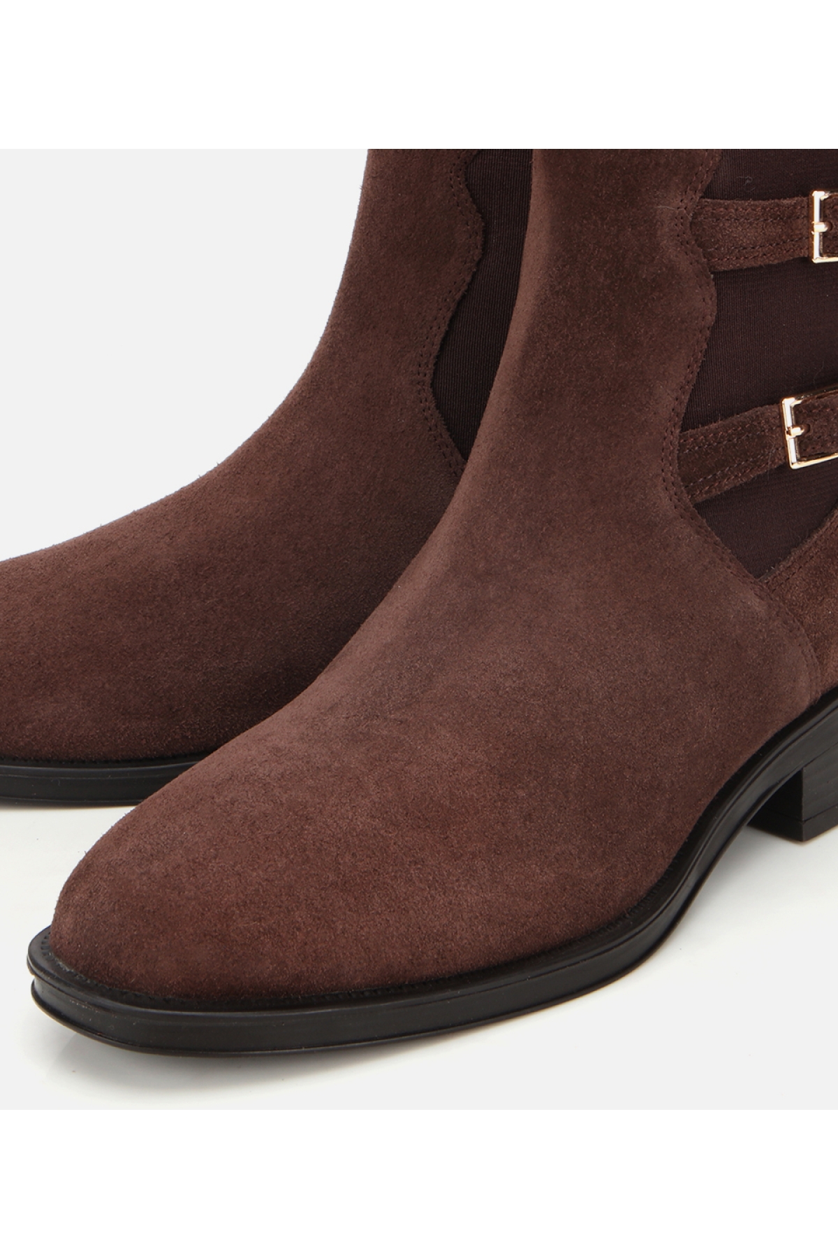 Kadın Süet Deri Kahverengi Lastik Detaylı Kemerli Bilekte Düz Bot - Görsel 4