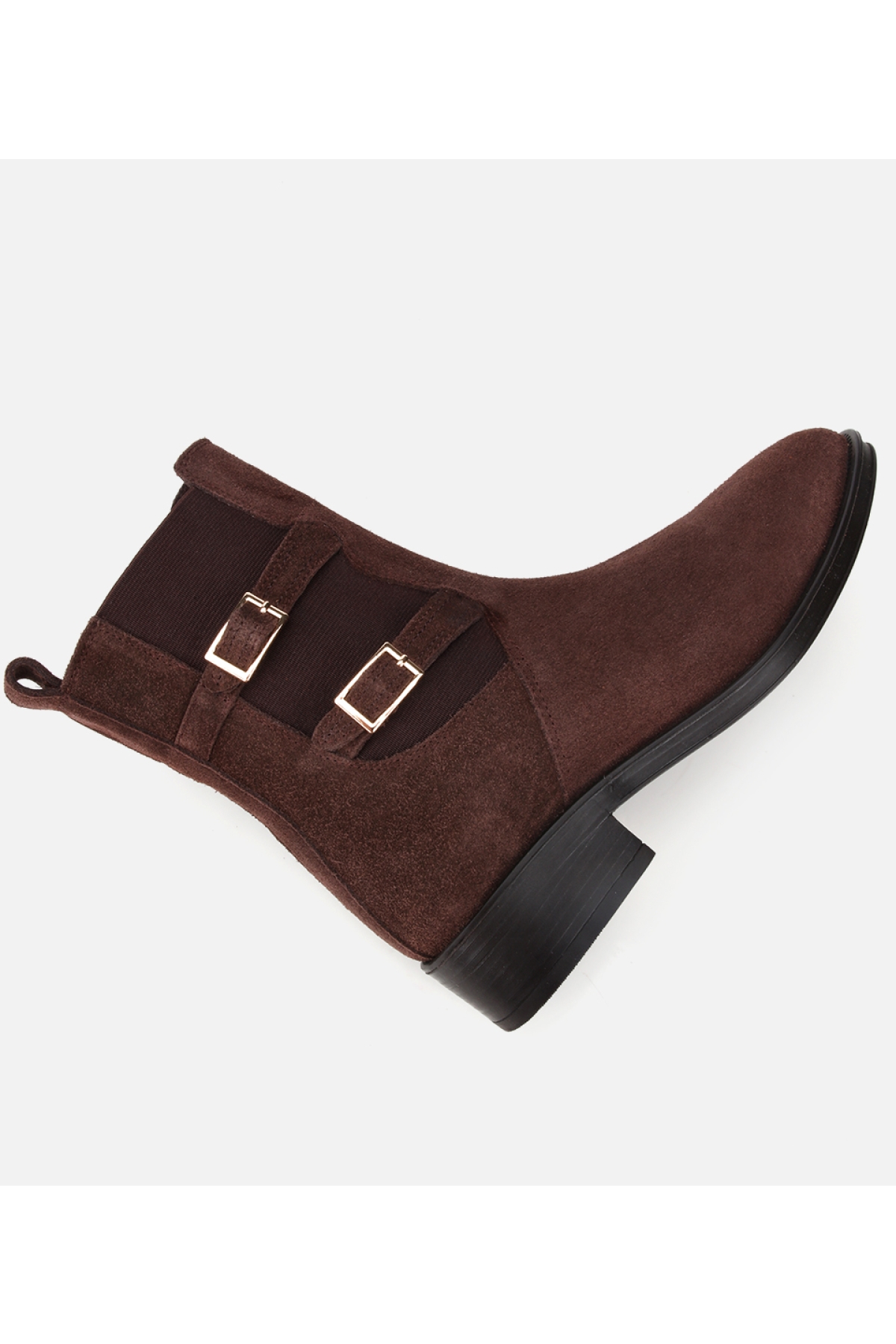 Kadın Süet Deri Kahverengi Lastik Detaylı Kemerli Bilekte Düz Bot - Görsel 7