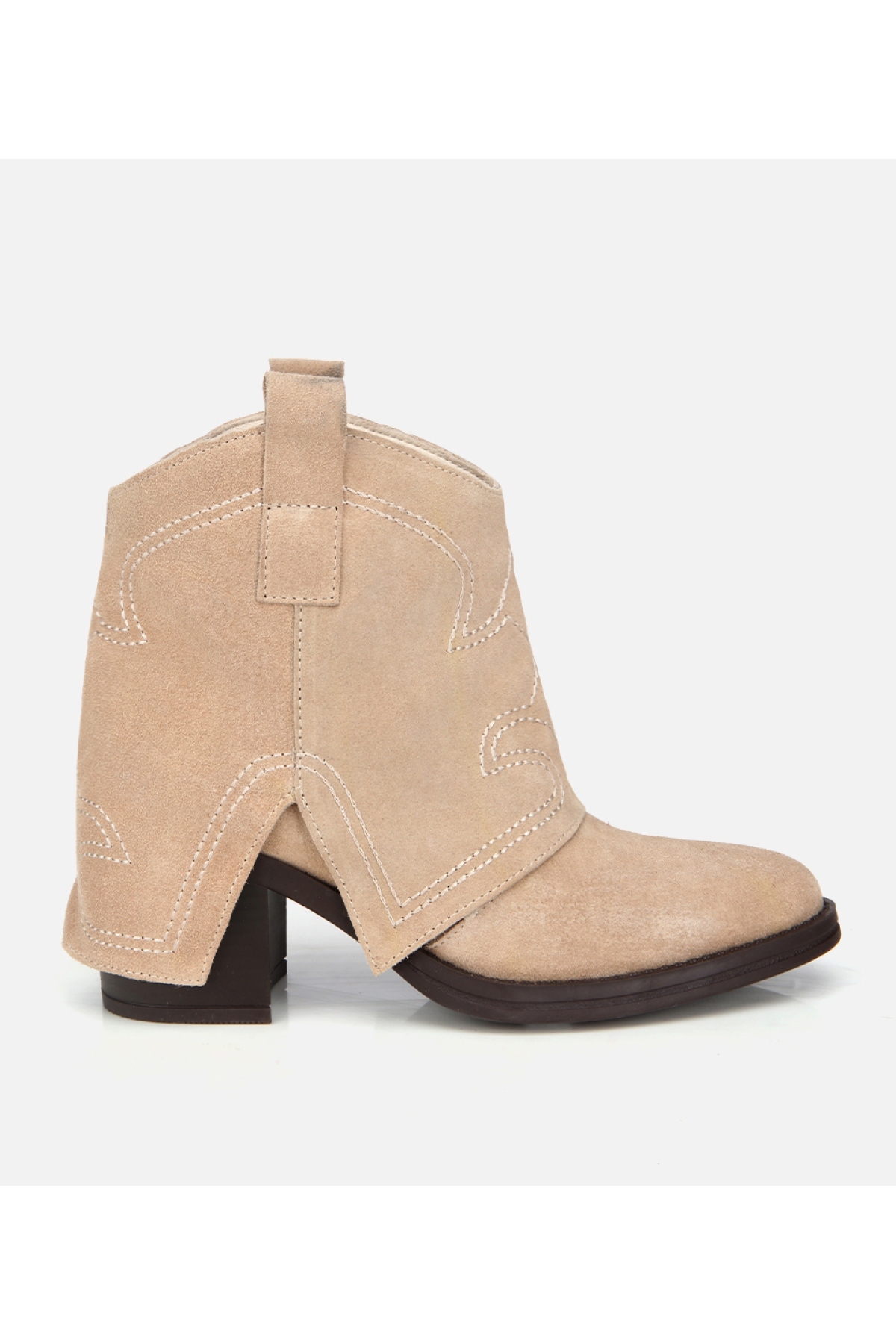 Kadın Süet Deri Bej Dikiş Detaylı Kovboy /Western Topuklu Bot - Görsel 2