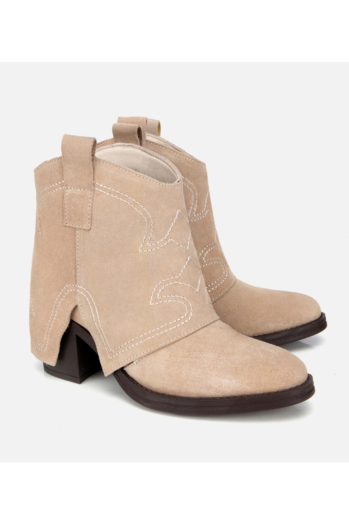 Kadın Süet Deri Bej Dikiş Detaylı Kovboy /Western Topuklu Bot - Görsel 3