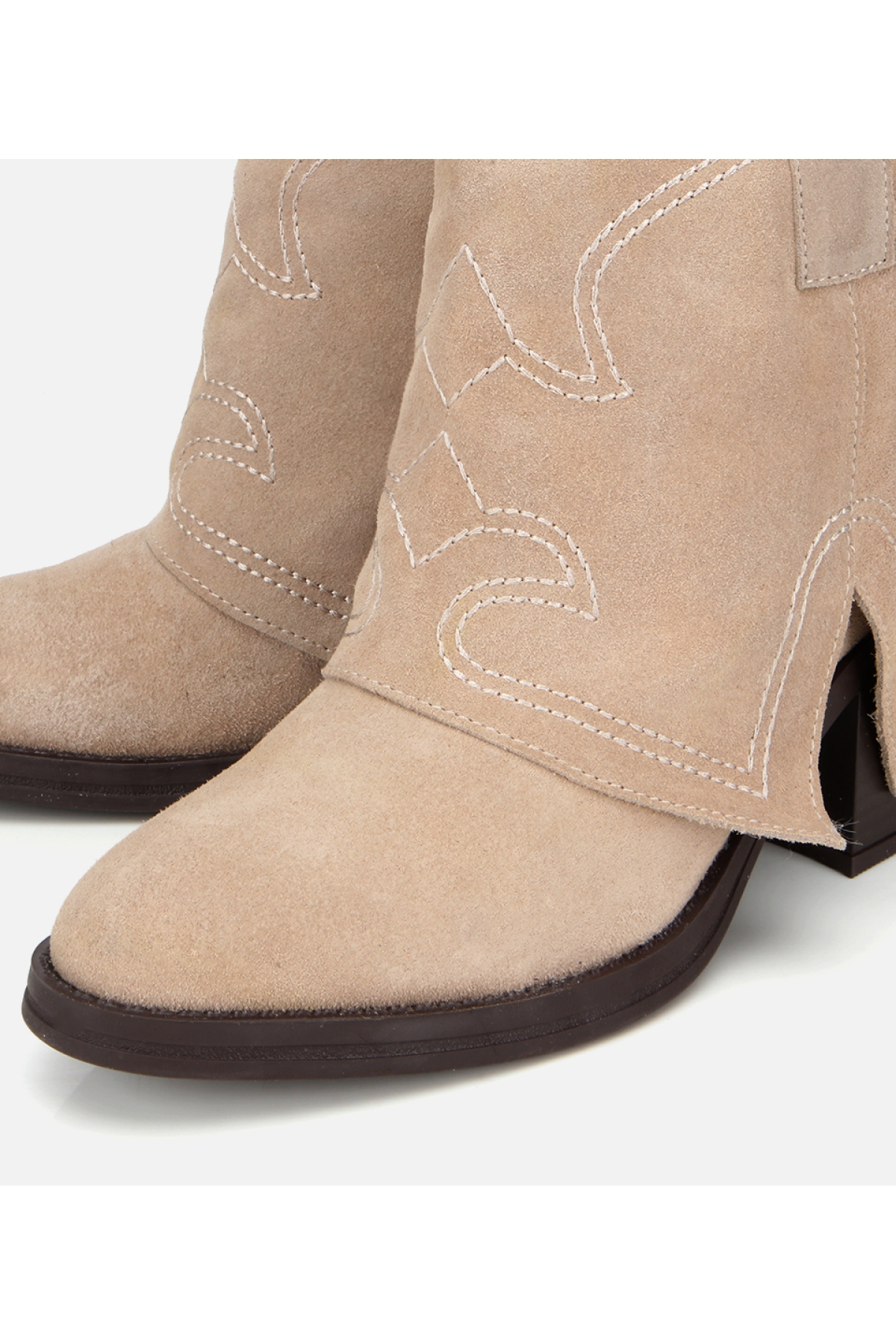 Kadın Süet Deri Bej Dikiş Detaylı Kovboy /Western Topuklu Bot - Görsel 4