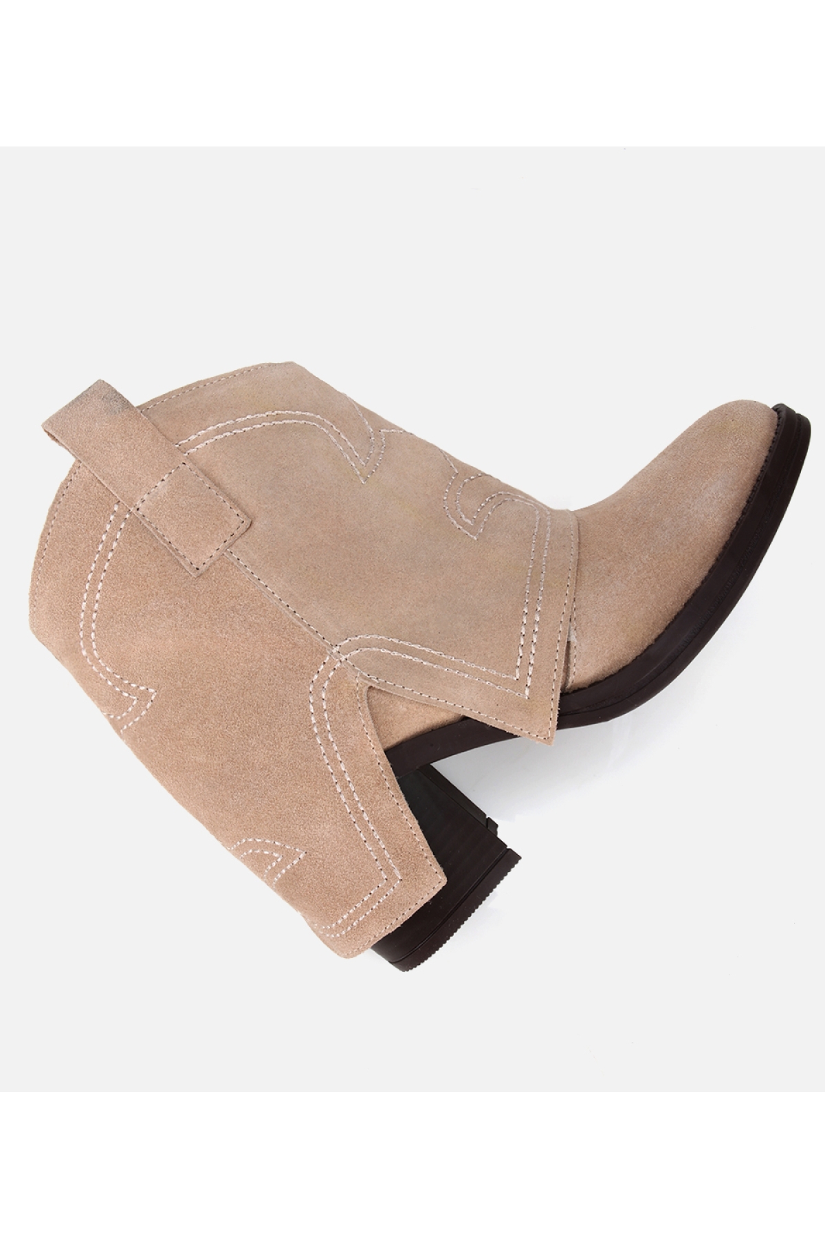 Kadın Süet Deri Bej Dikiş Detaylı Kovboy /Western Topuklu Bot - Görsel 7