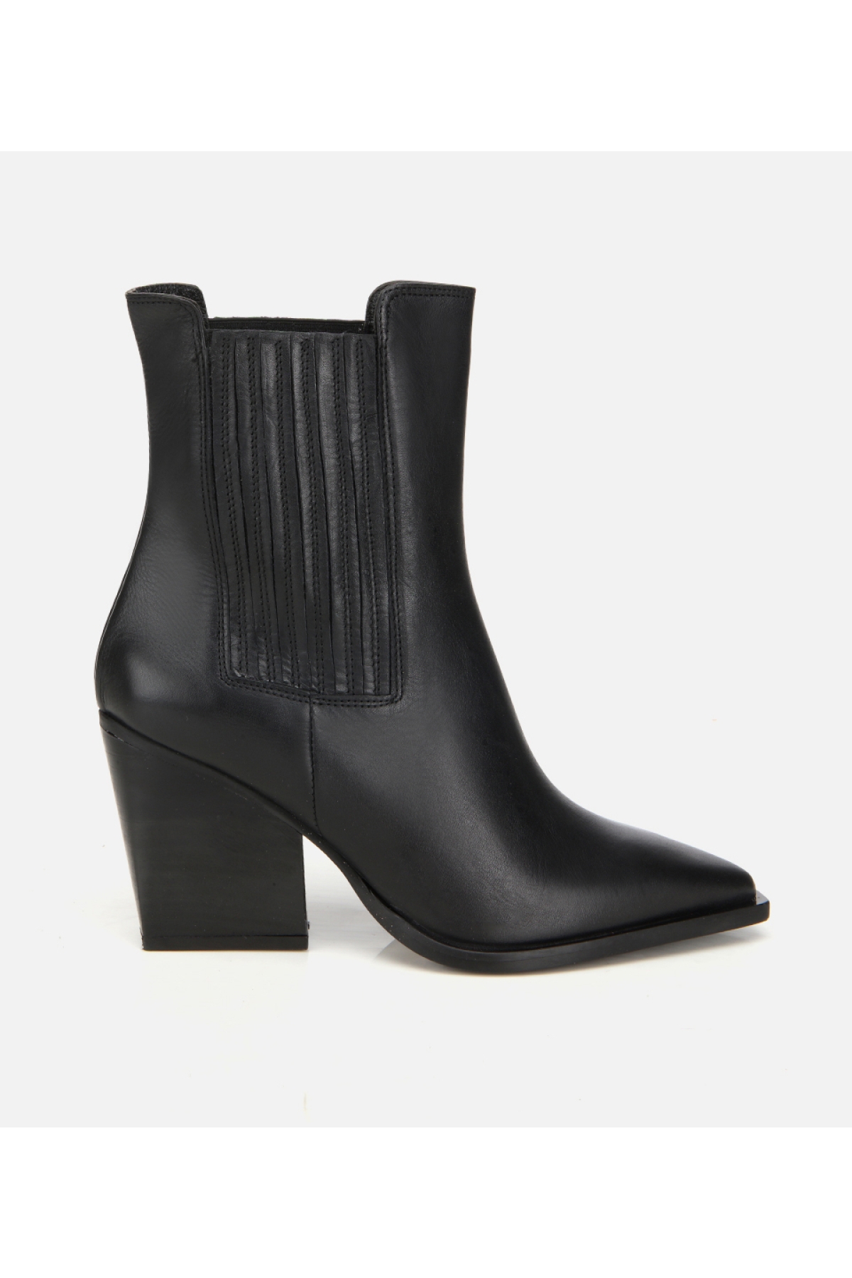 Kadın Deri Siyah Lastik Detaylı Sivri Burunlu Topuklu Bot - Görsel 2