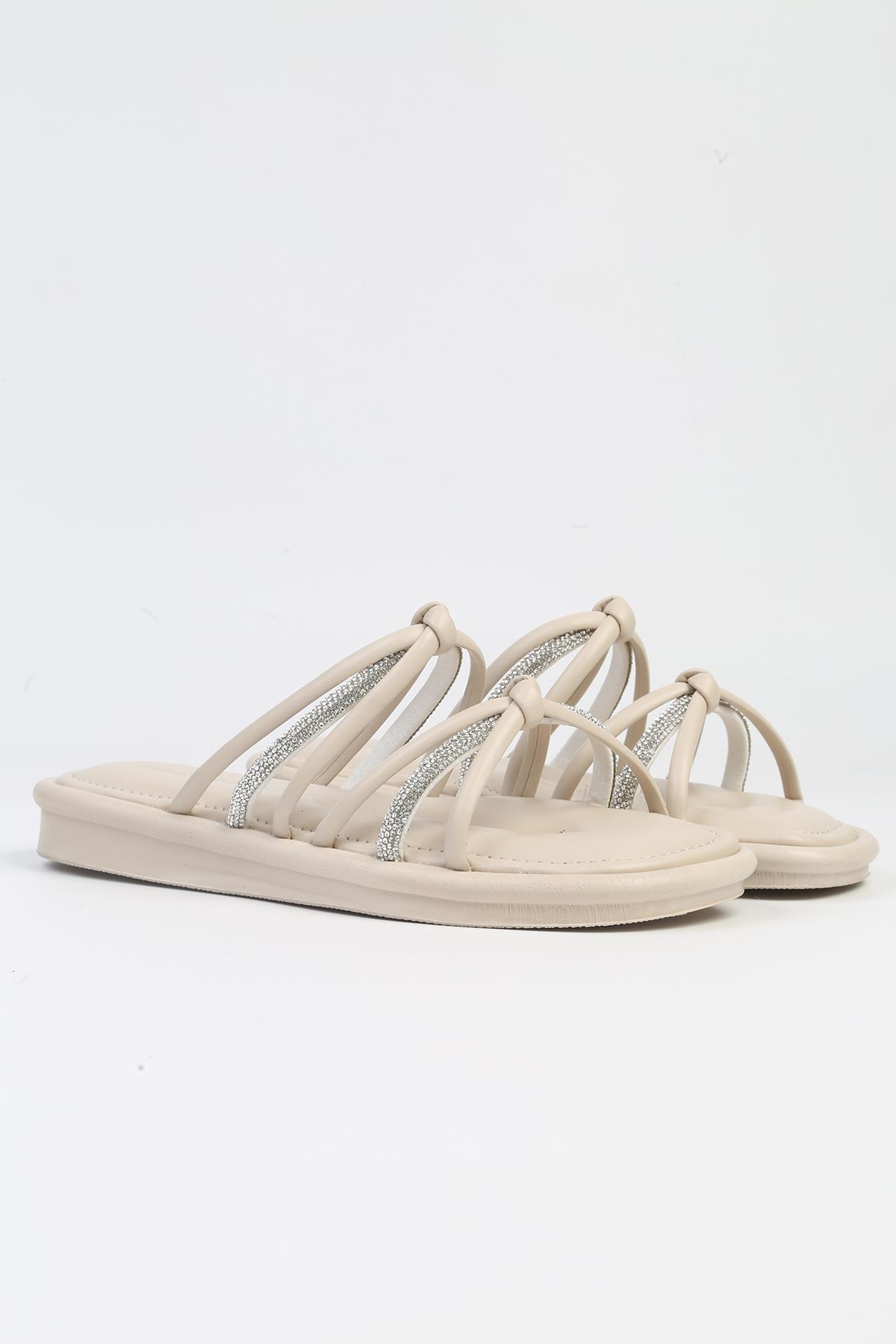 ® | PC-5106-3891 Krem-Kadın Taşlı Terlik - Görsel 3