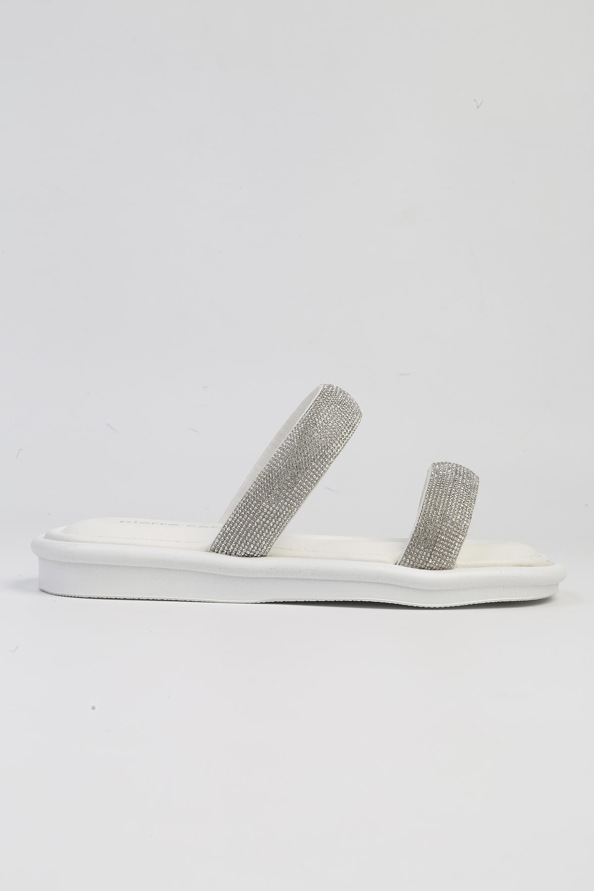 ® | PC-5101-3891 Beyaz-Kadın Taşlı Parlak Terlik - Görsel 2