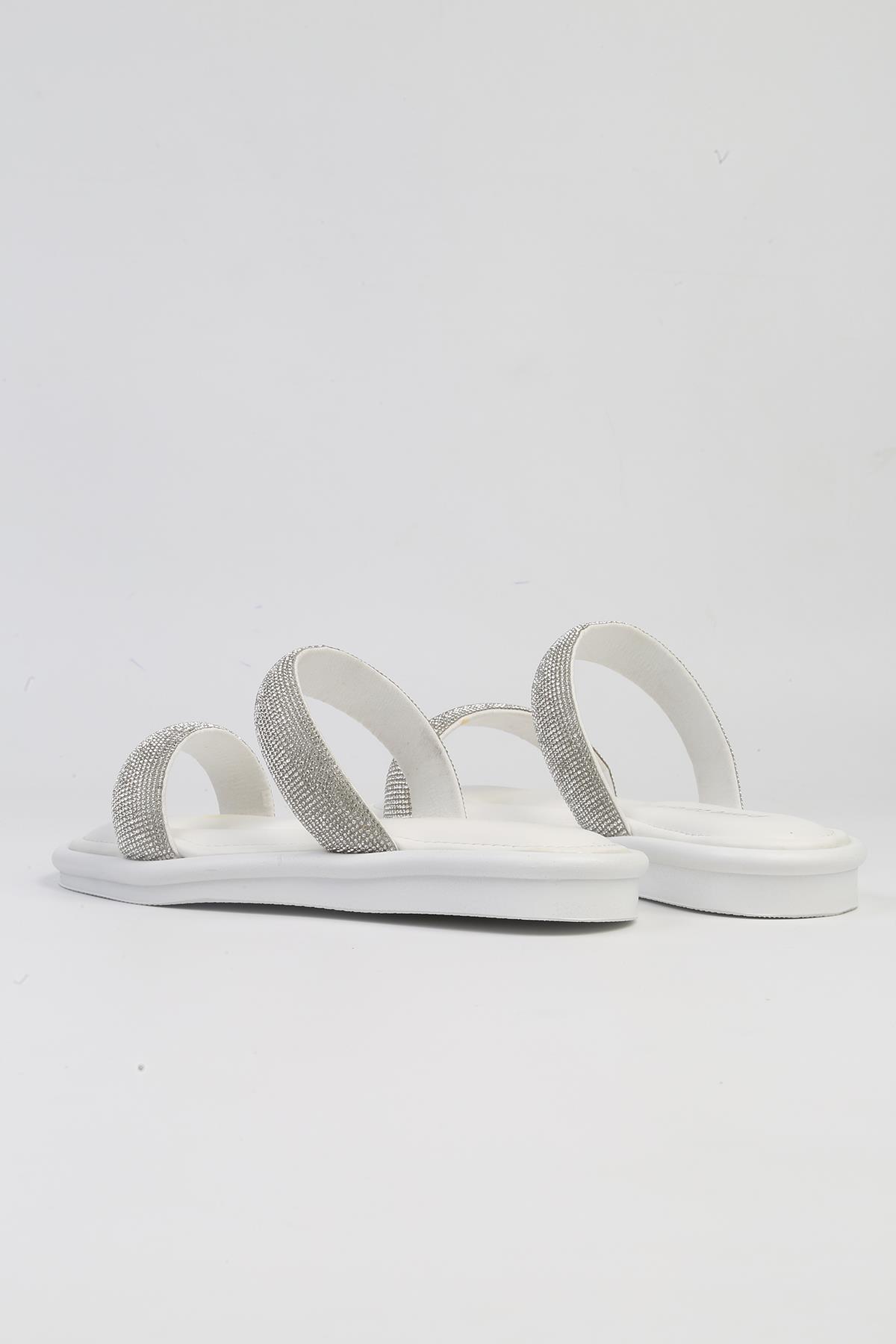 ® | PC-5101-3891 Beyaz-Kadın Taşlı Parlak Terlik - Görsel 4