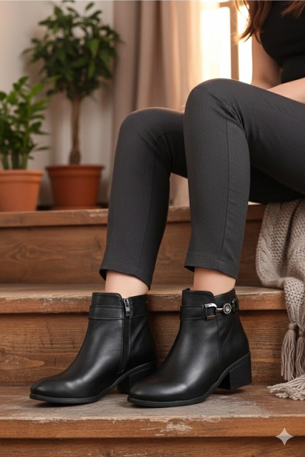 1094 Rahat Esnek Toka Detaylı Sıcak Astar 4 Cm yüksek Topuk Kadın Bot - Görsel 7