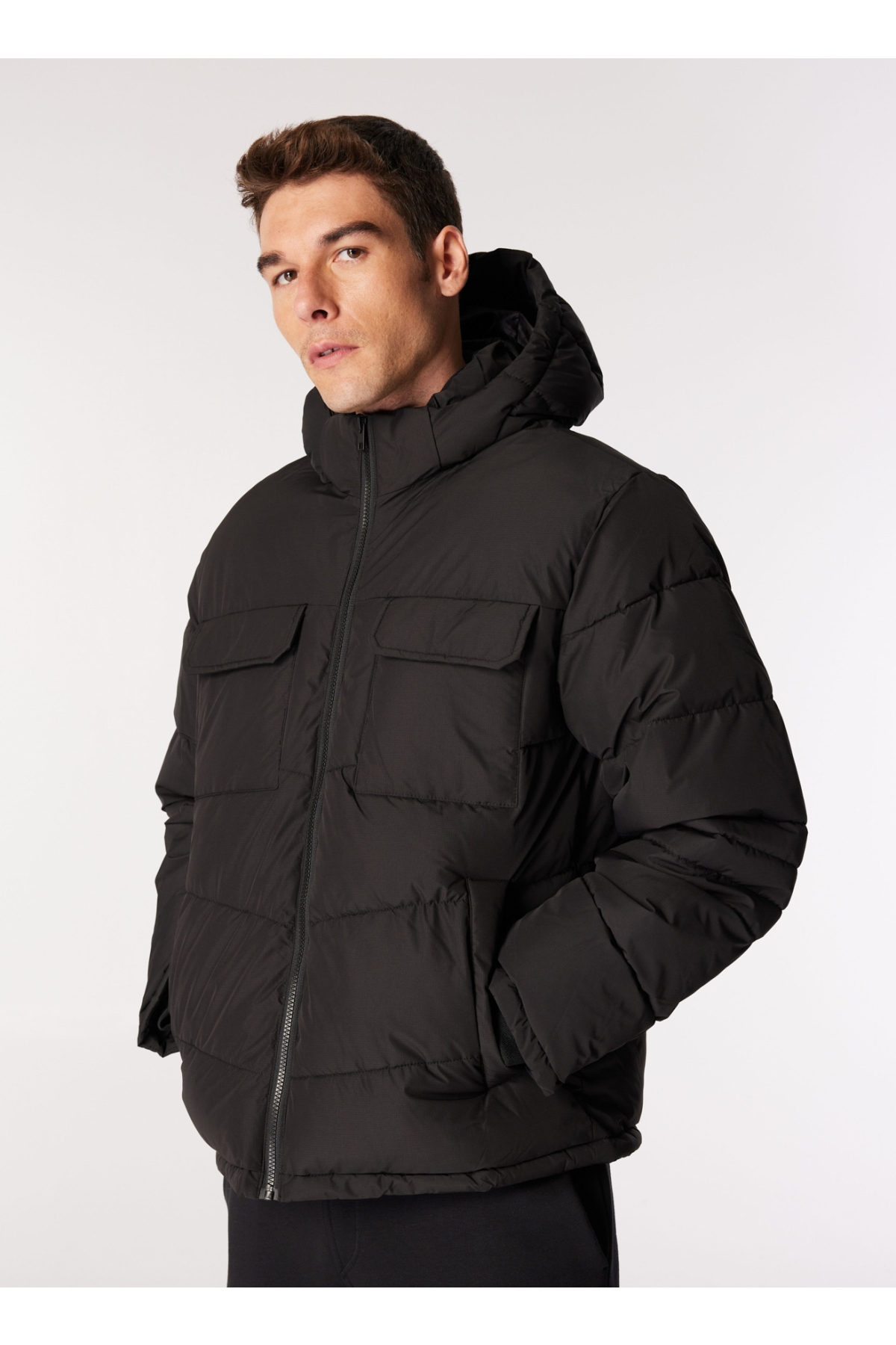 JJBUILD PUFFER JACKET Regular Fit Kapüşonlu Siyah Erkek Mont
