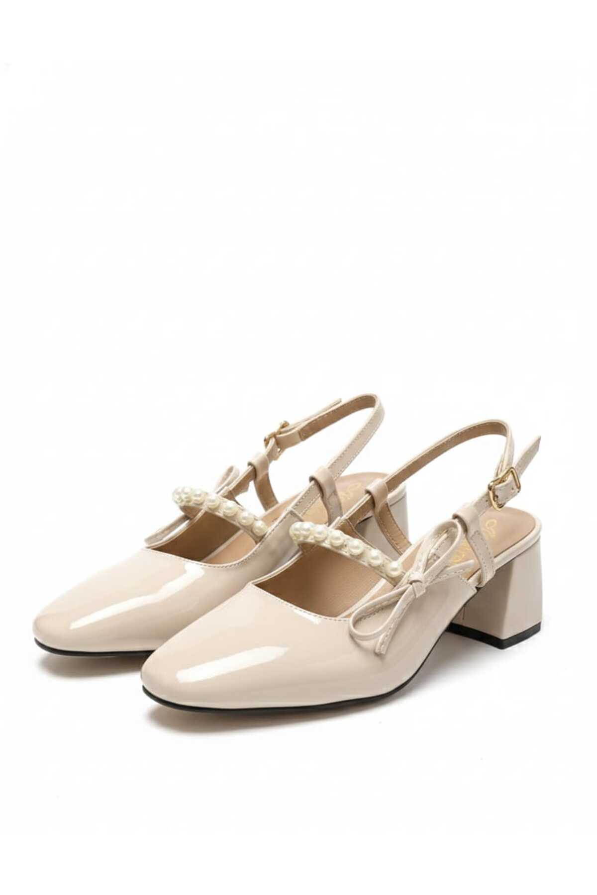 0828 Rugan Klasık Topuklu İnci Taşlı Ayakkabı - Görsel 3