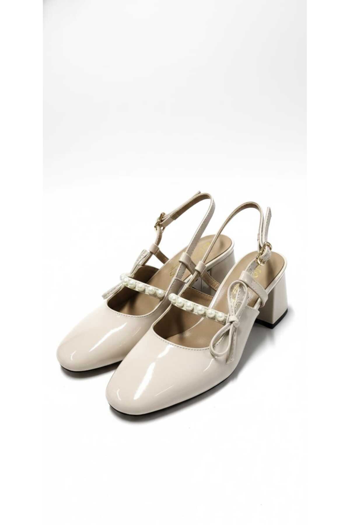 0828 Rugan Klasık Topuklu İnci Taşlı Ayakkabı - Görsel 4