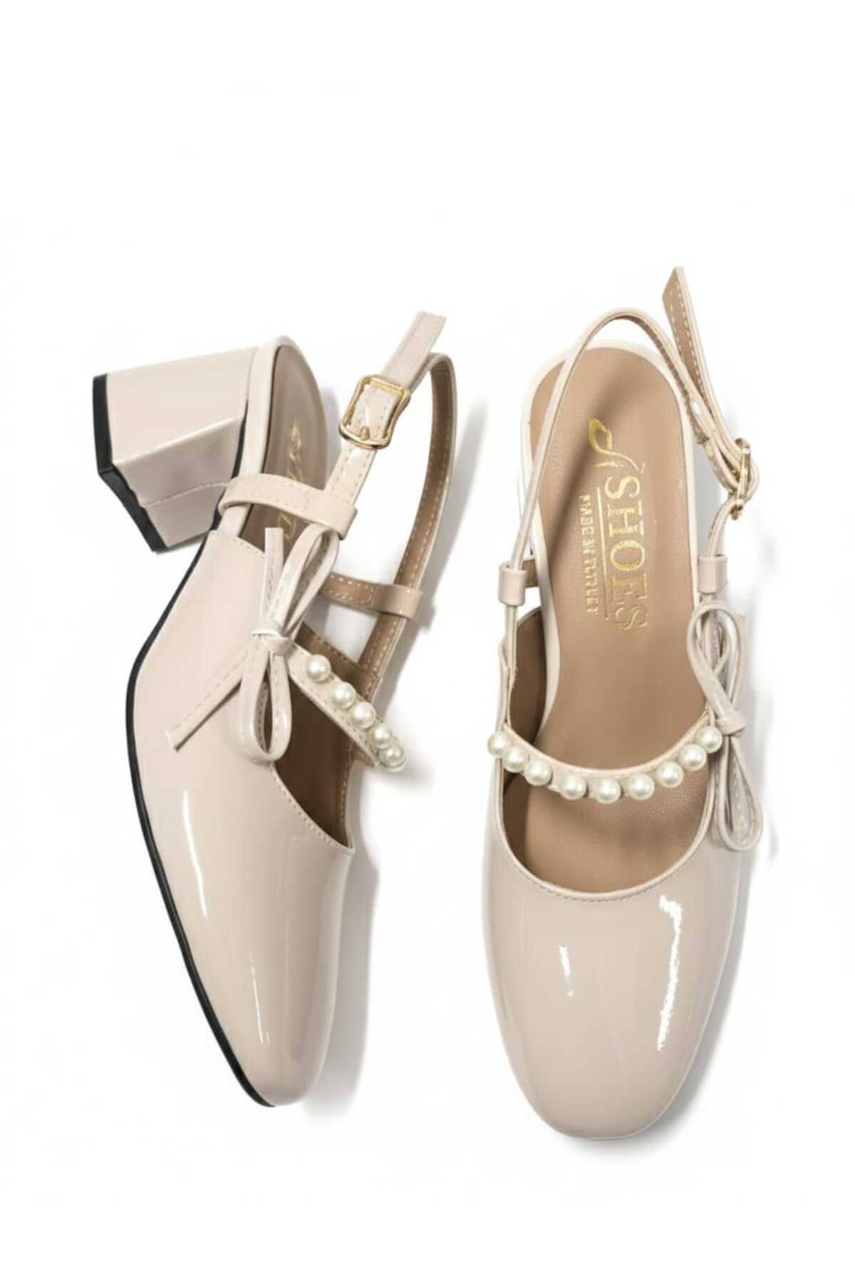 0828 Rugan Klasık Topuklu İnci Taşlı Ayakkabı - Görsel 5