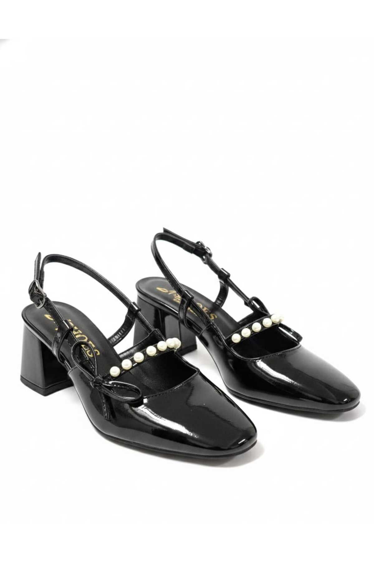 0828 Rugan Klasık Topuklu İnci Taşlı Ayakkabı - Görsel 2