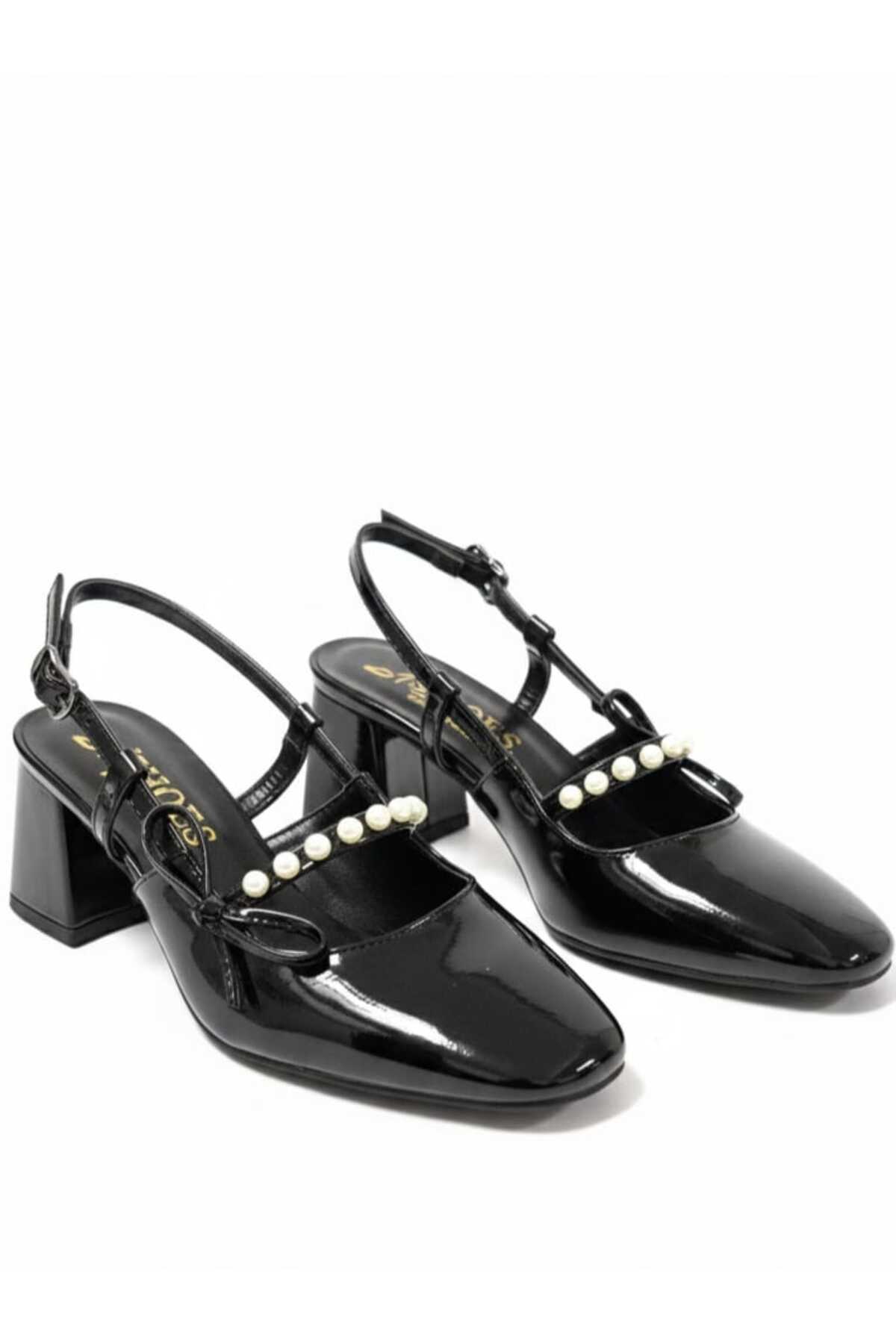 0828 Rugan Klasık Topuklu İnci Taşlı Ayakkabı - Görsel 4