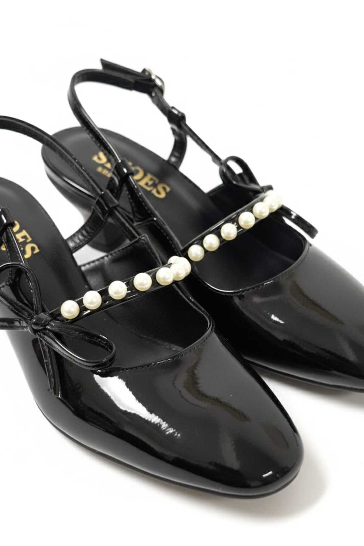 0828 Rugan Klasık Topuklu İnci Taşlı Ayakkabı - Görsel 5