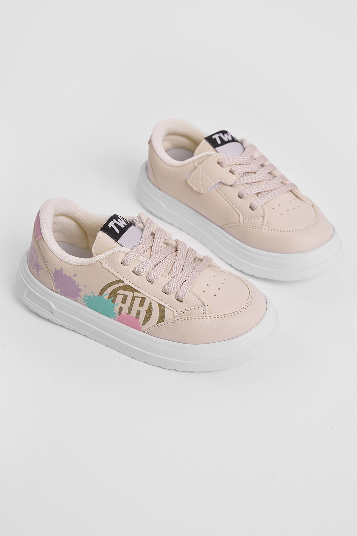 Çocuk Unisex Krem Turkuaz EVA Faylon Taban Desenli Bağcıklı ve Cırtlı Spor Ayakkabı - Görsel 3