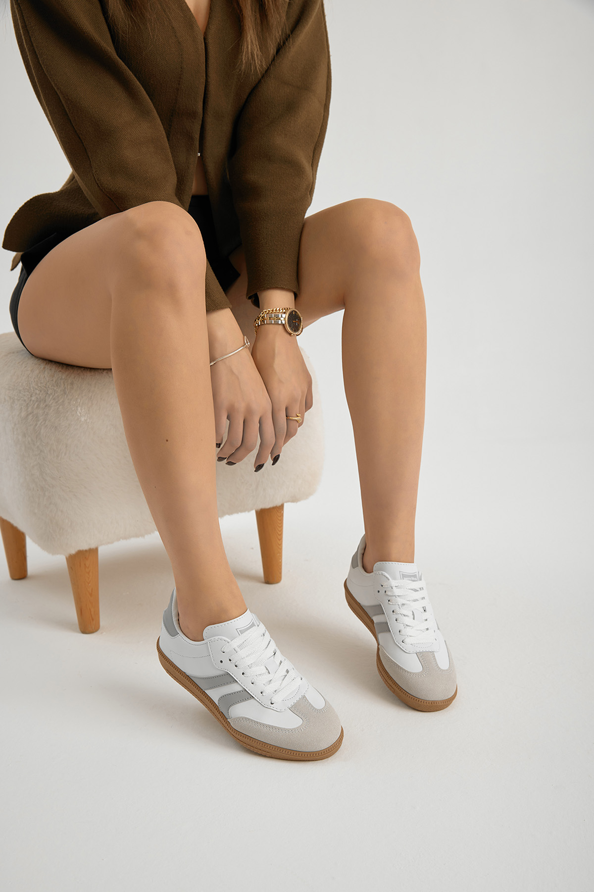 Kadın Beyaz Gri Termo Taban Yanı Şeritli Bağcıklı Spor Ayakkabı - Görsel 3