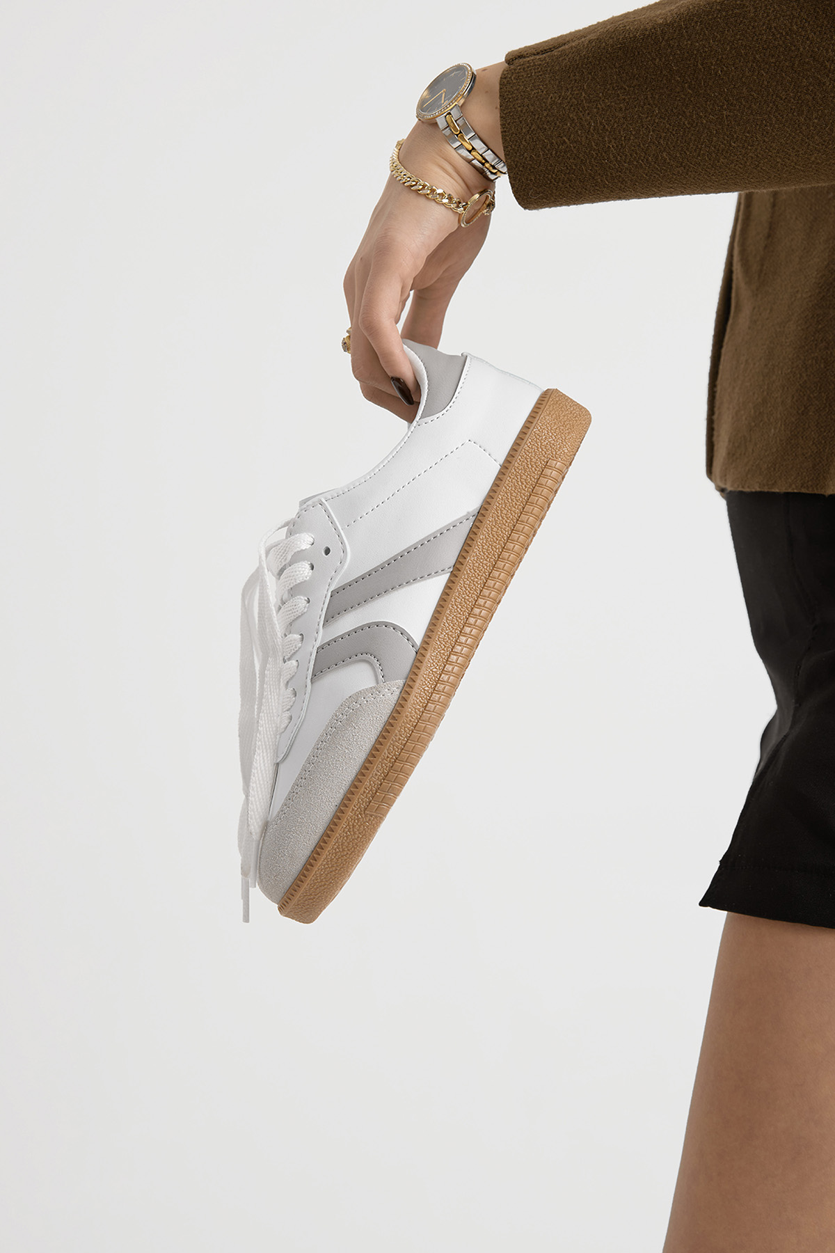 Kadın Beyaz Gri Termo Taban Yanı Şeritli Bağcıklı Spor Ayakkabı - Görsel 5