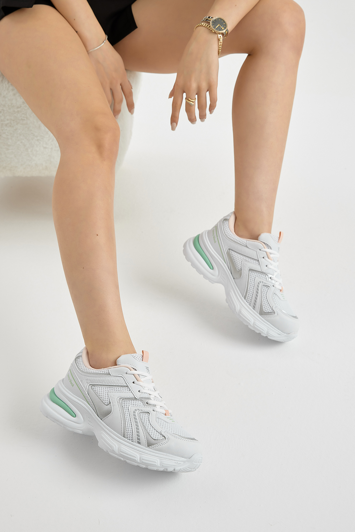 Kadın Beyaz Su Yeşili Kalın Hafif Faylon Taban File Detaylı Bağcıklı Spor Ayakkabı - Görsel 5