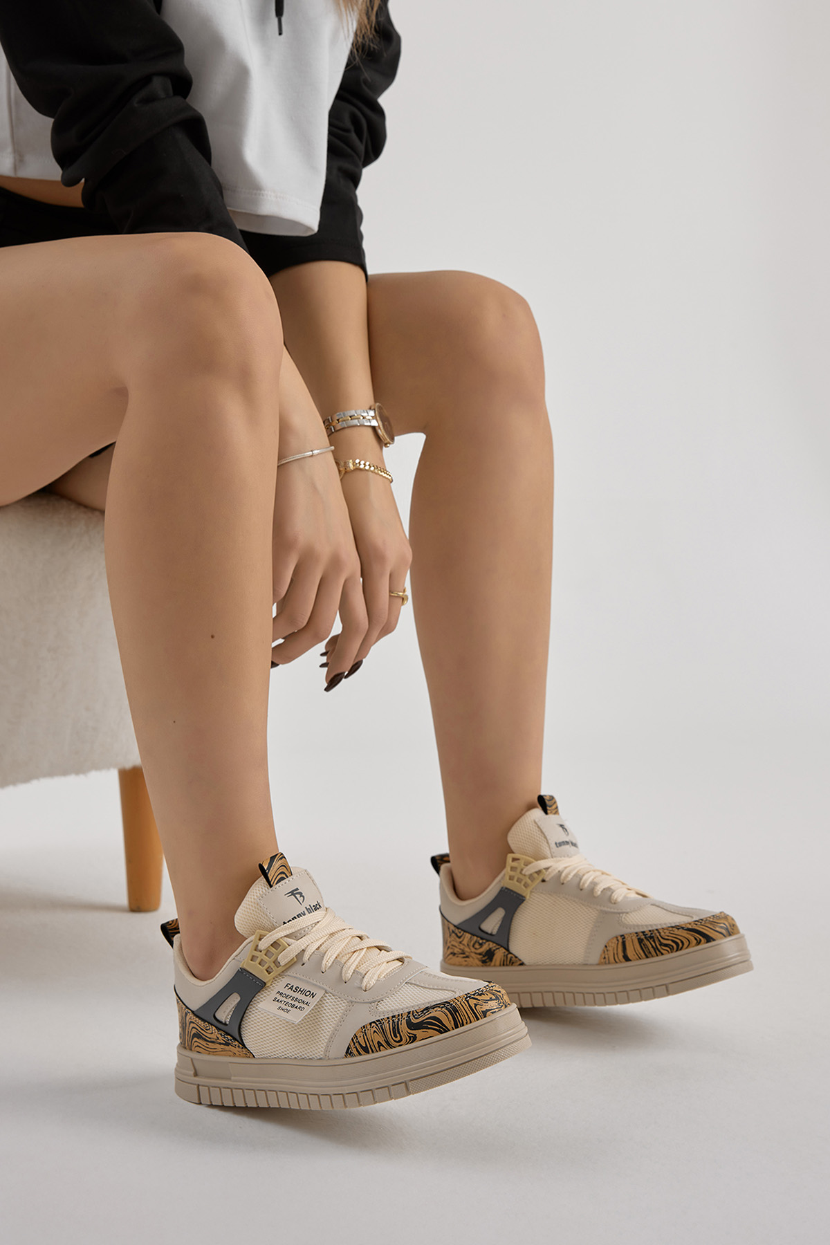 Unisex Bej Termo Taban Desenli Fileli Bağcıklı Spor Ayakkabı - Görsel 2