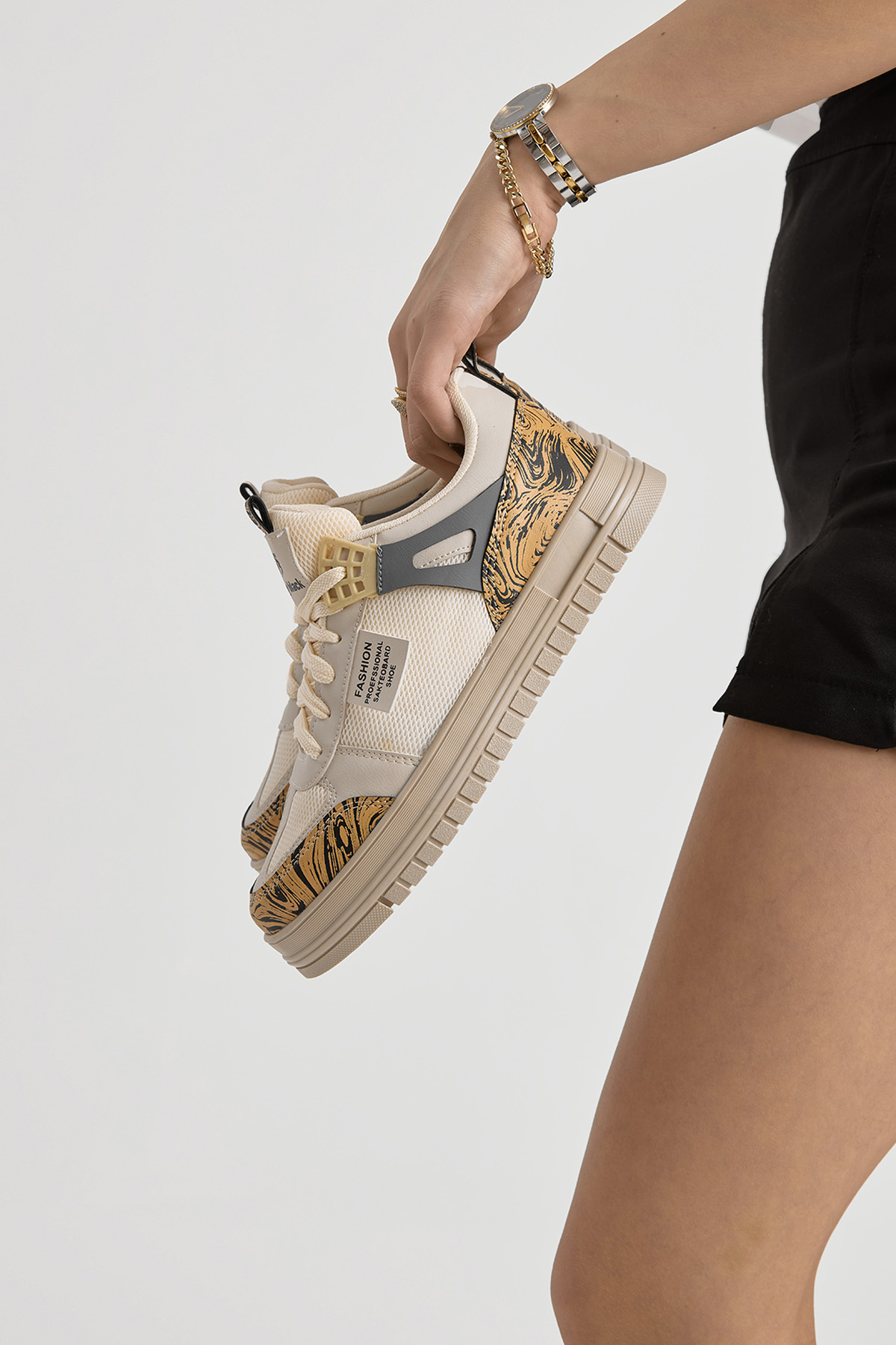 Unisex Bej Termo Taban Desenli Fileli Bağcıklı Spor Ayakkabı - Görsel 5