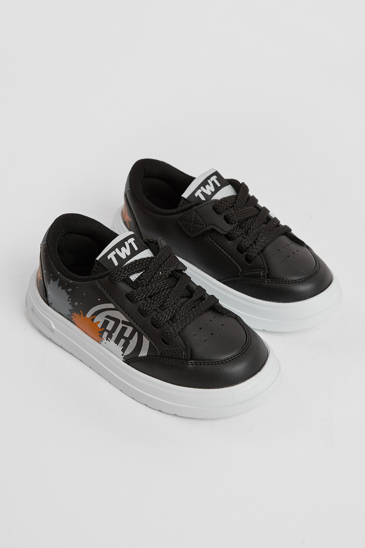 Çocuk Unisex Siyah Turuncu EVA Faylon Taban Desenli Bağcıklı ve Cırtlı Spor Ayakkabı - Görsel 3