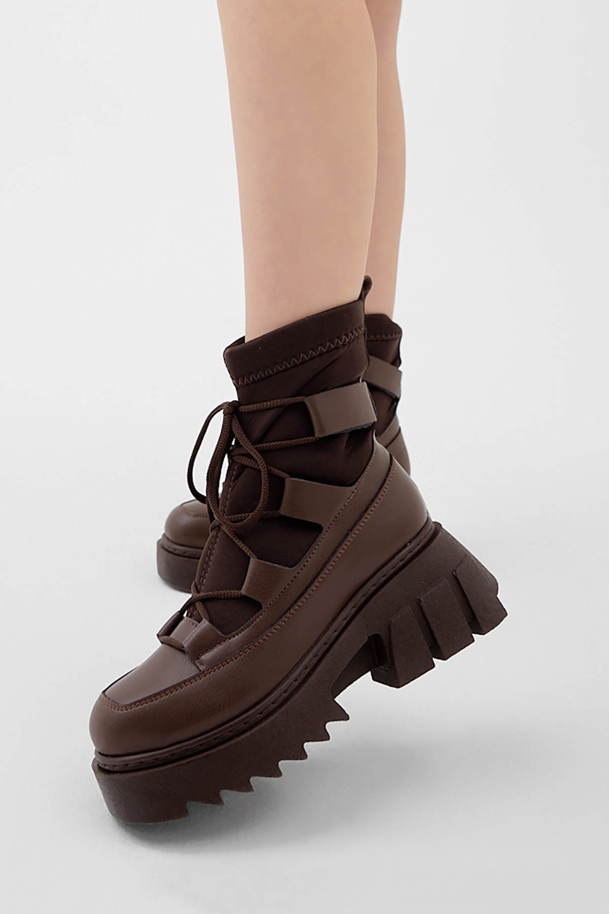 Kadın Kahve Kalın Platform Poli Taban Streç Bağcıklı Bot - Görsel 3