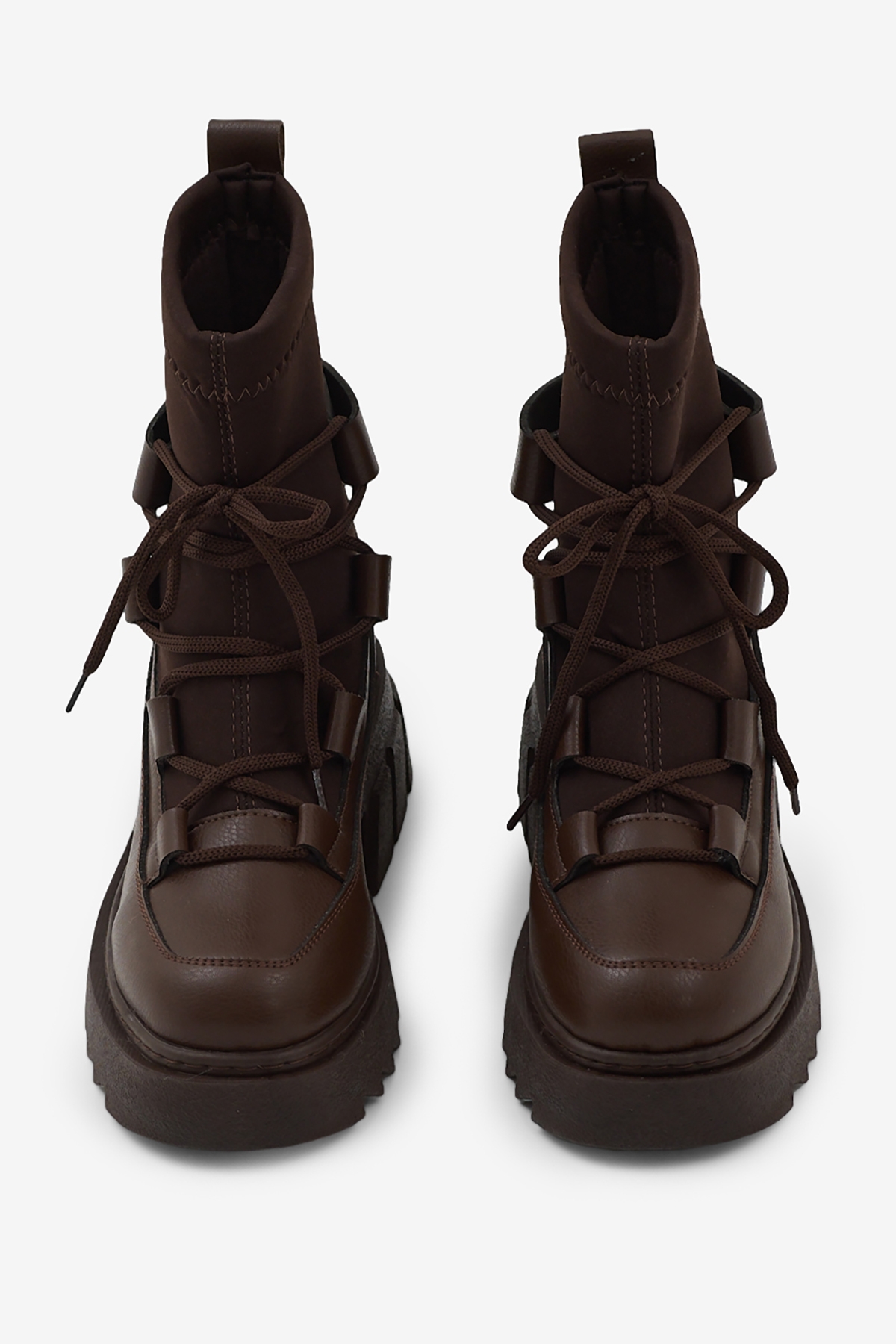 Kadın Kahve Kalın Platform Poli Taban Streç Bağcıklı Bot - Görsel 4