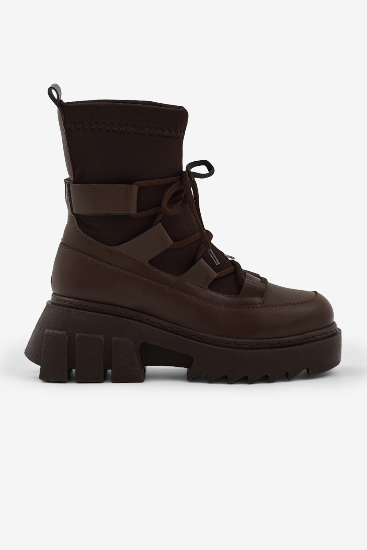 Kadın Kahve Kalın Platform Poli Taban Streç Bağcıklı Bot - Görsel 5