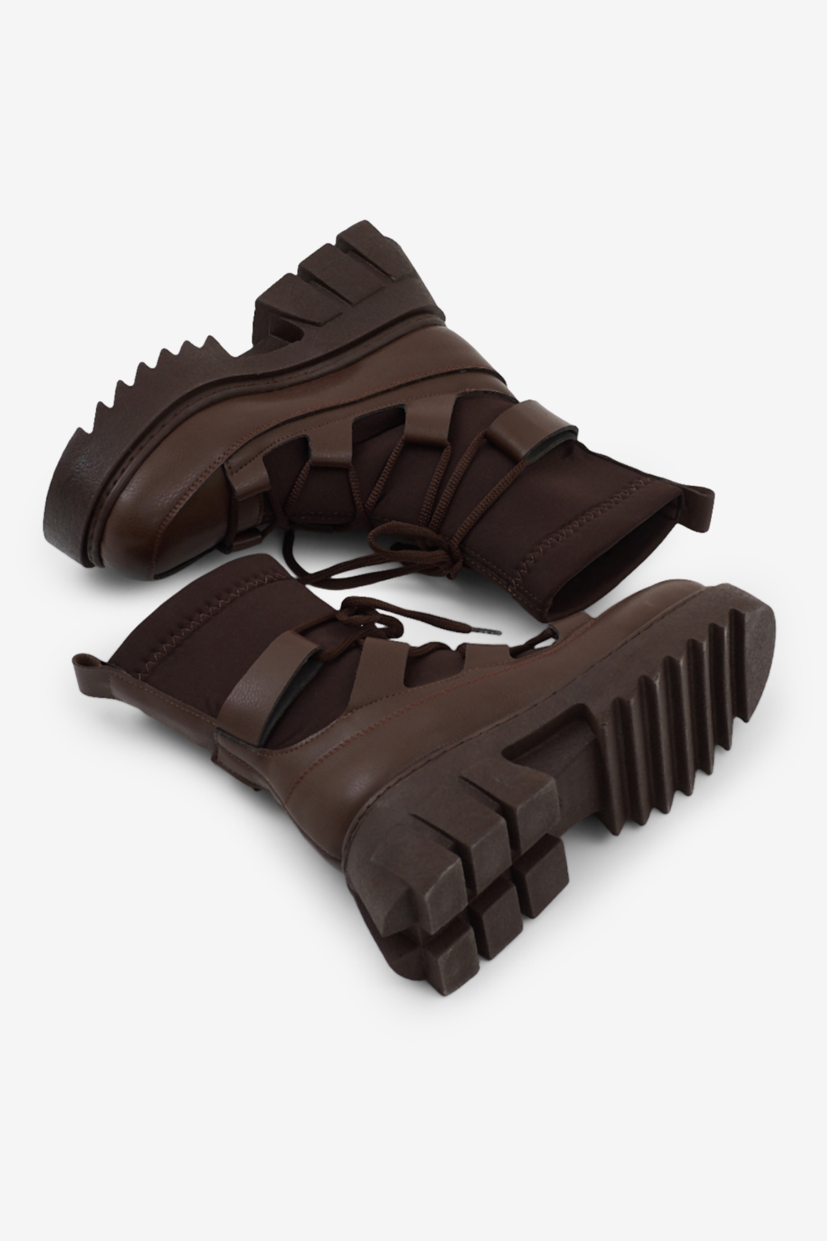 Kadın Kahve Kalın Platform Poli Taban Streç Bağcıklı Bot - Görsel 6